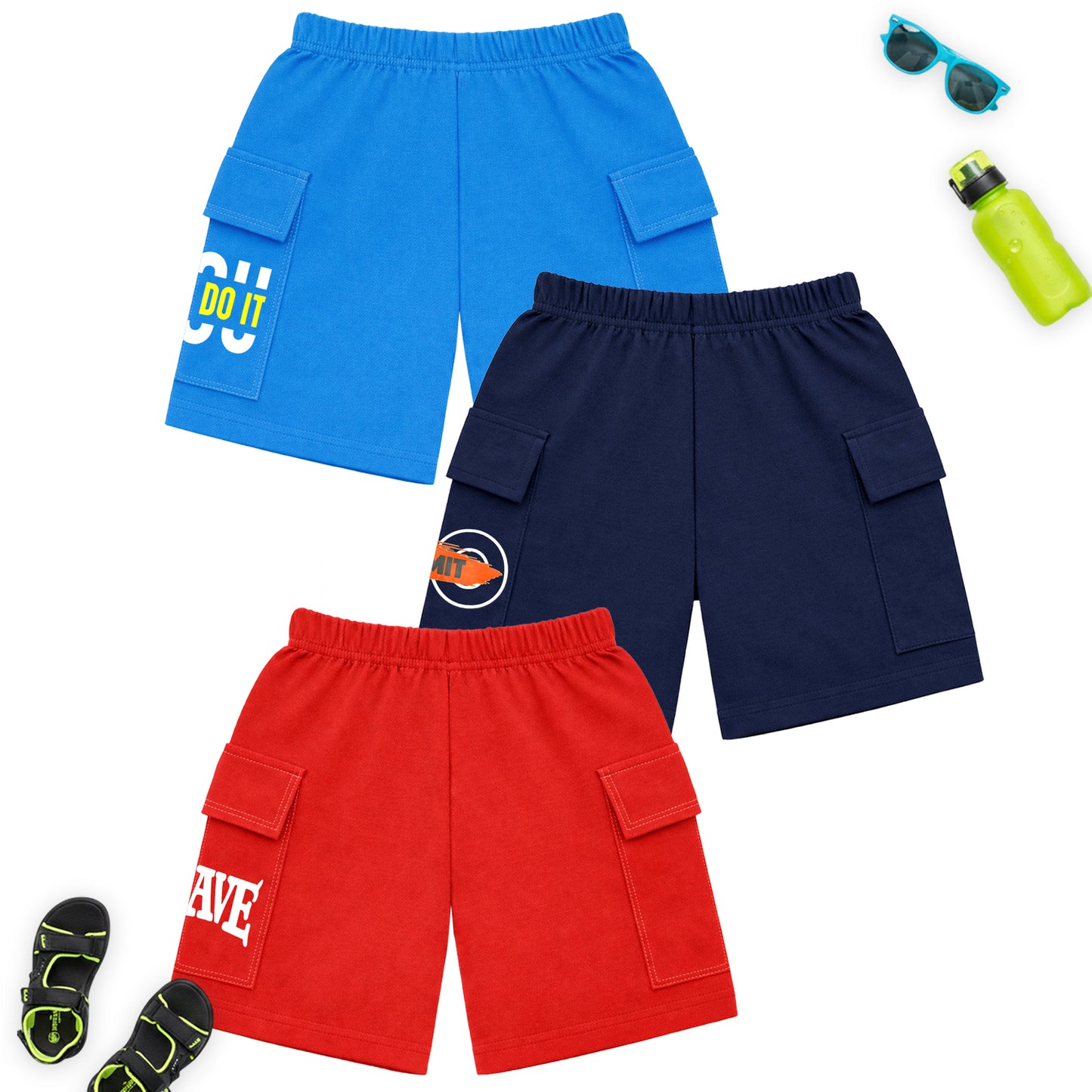 Kuchipoo Boys Cotton Cargo Shorts | Elastic Waistband | Double Pocket Shorts | Summer Casual Wear for Kids | Pack of 3