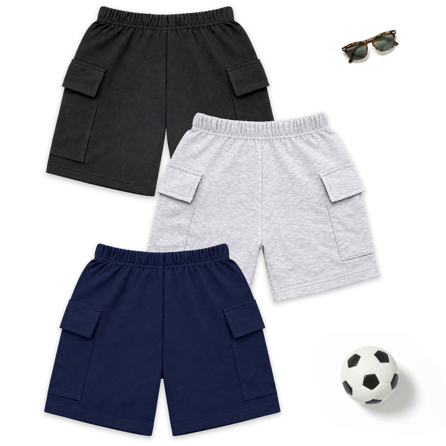 Kuchipoo Boys Cotton Cargo Shorts | Elastic Waistband | Double Pocket Shorts | Summer Casual Wear for Kids- Pack of 3