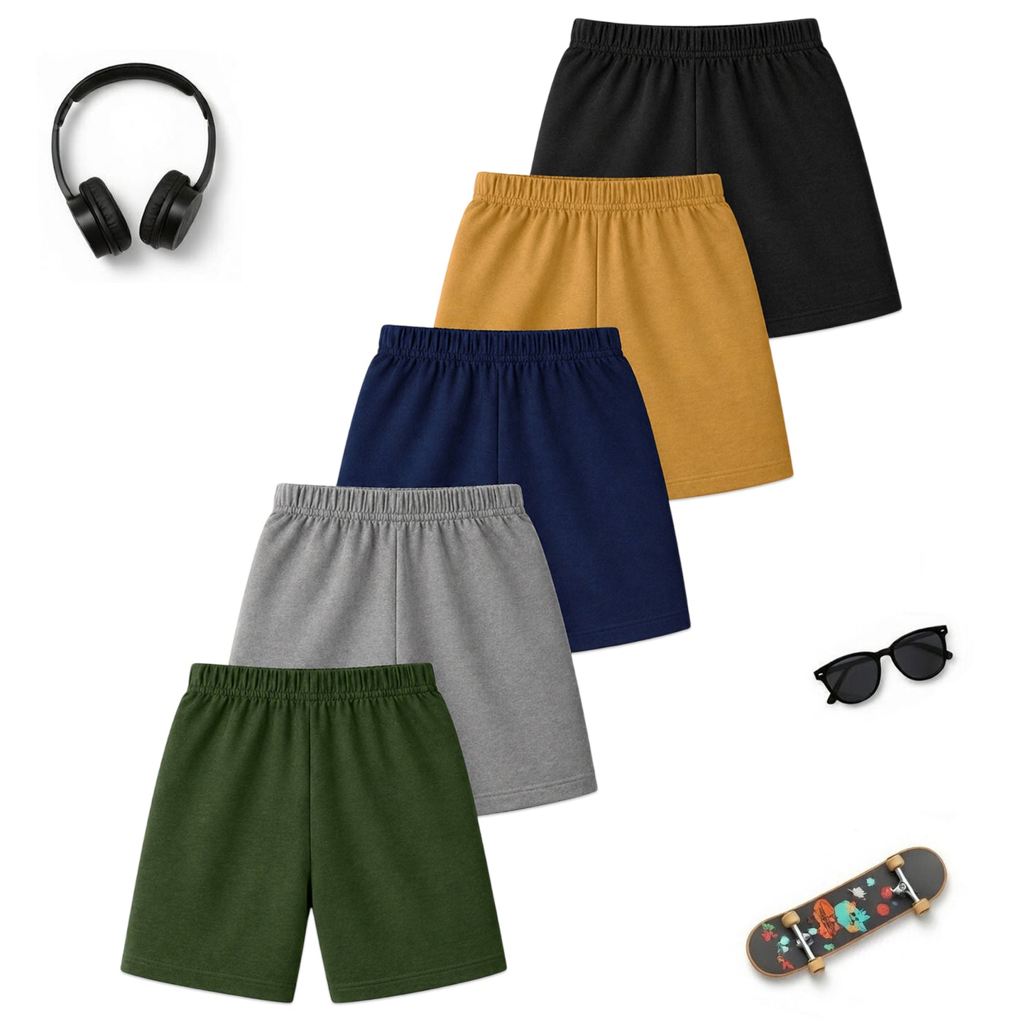 Kuchipoo Boys Cotton Printed Shorts | Elastic Waist | Summer Wear Shorts for Kids - Pack of 5