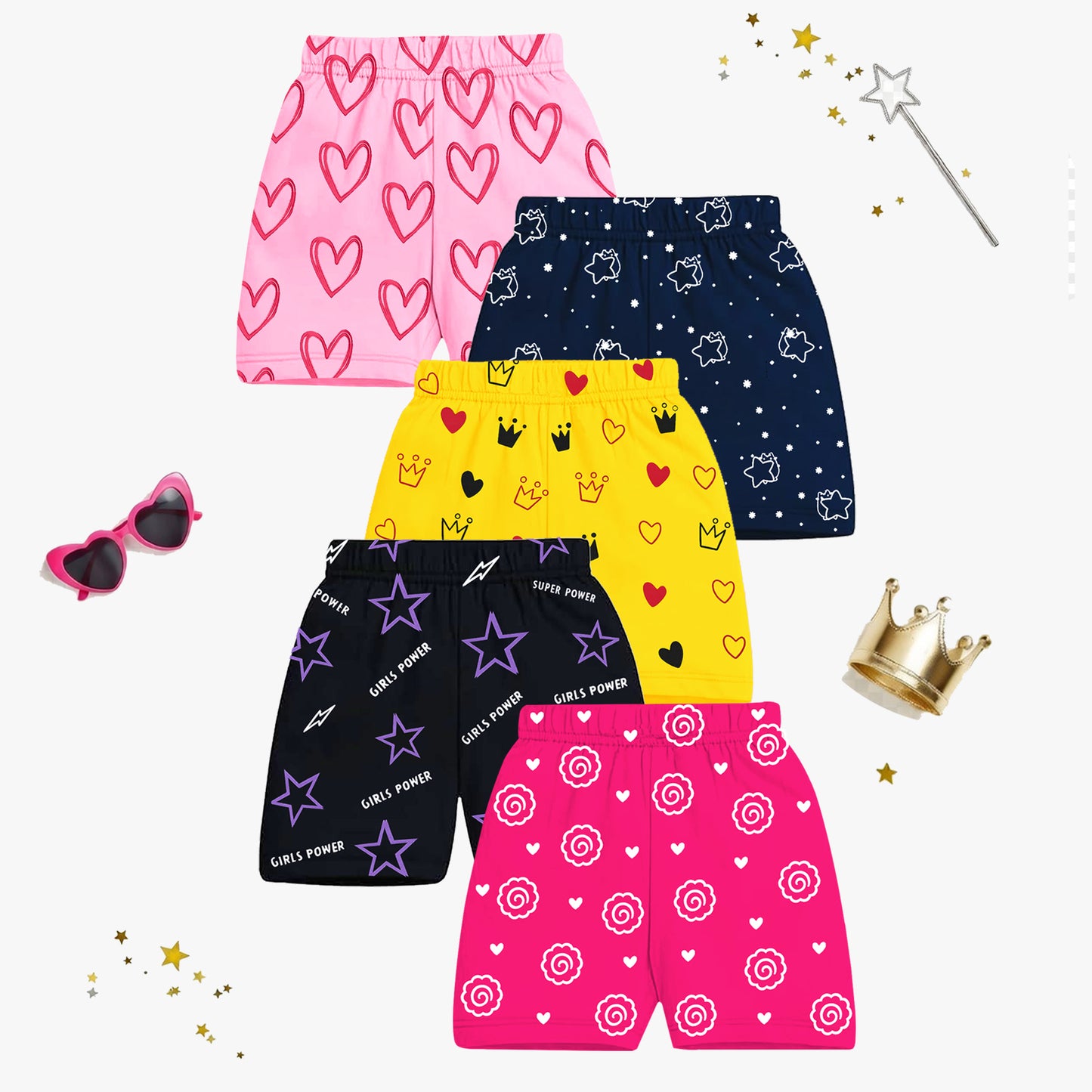 Kuchipoo Girls Cotton Printed Shorts | Elastic Waist | Summer Wear Shorts for Kids | Pack of 5