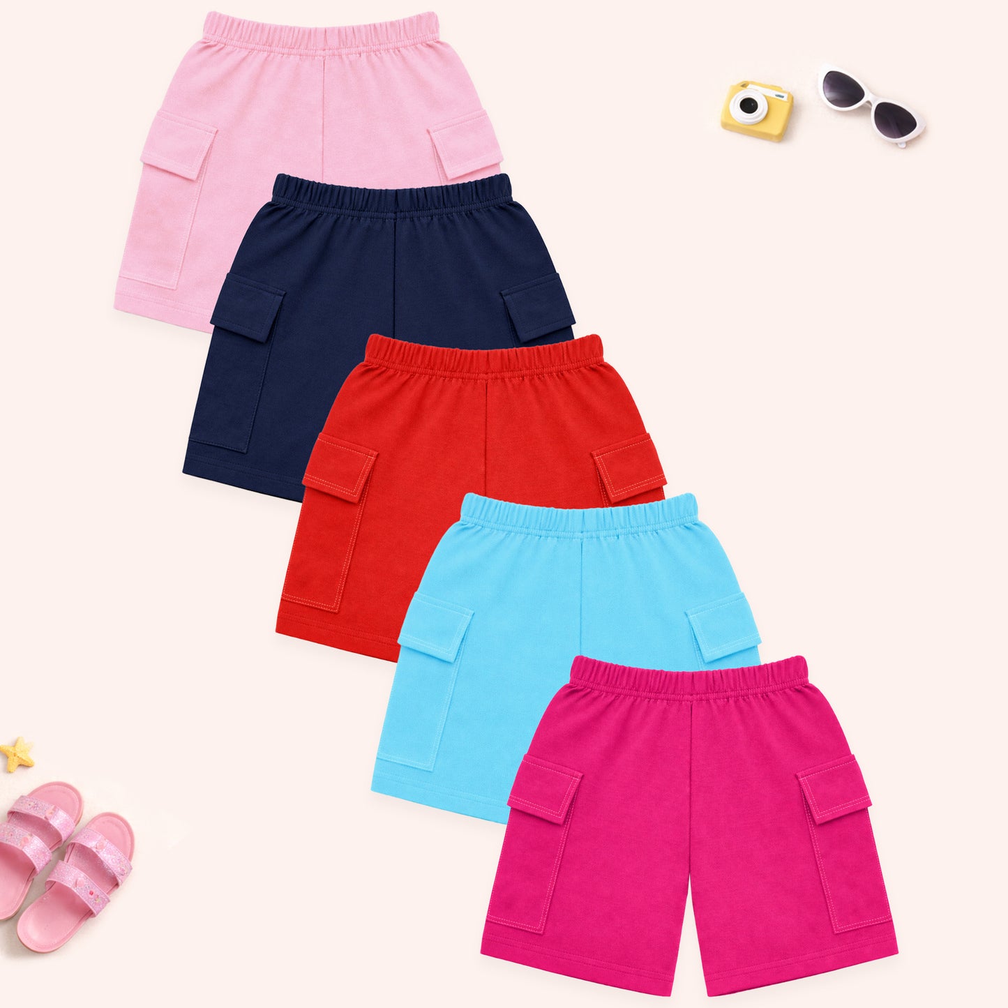 Kuchipoo Girls Cotton Cargo Shorts | Elastic Waistband | Double Pocket Shorts | Summer Casual Wear for Kids- Pack of 5