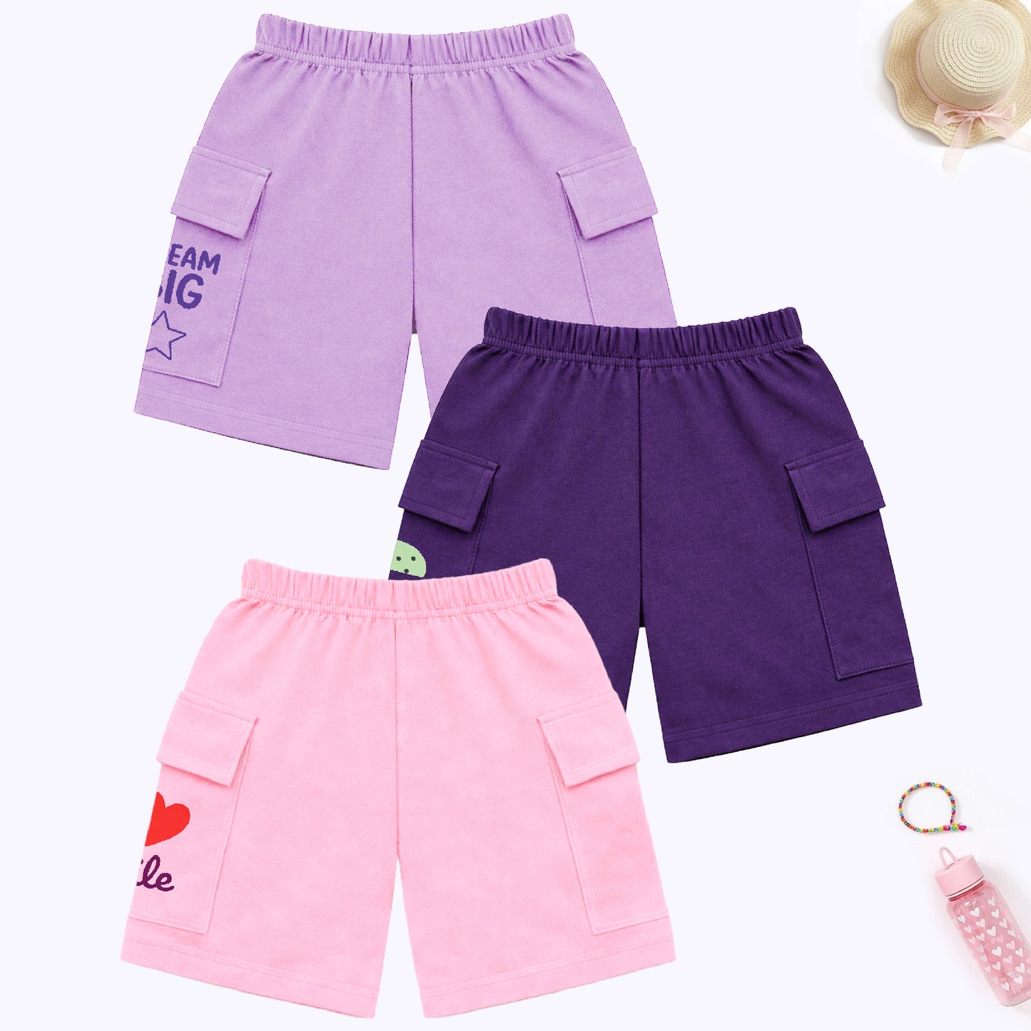Kuchipoo Girls Cotton Cargo Shorts | Elastic Waistband | Double Pocket Shorts | Summer Casual Wear for Kids | Pack of 3