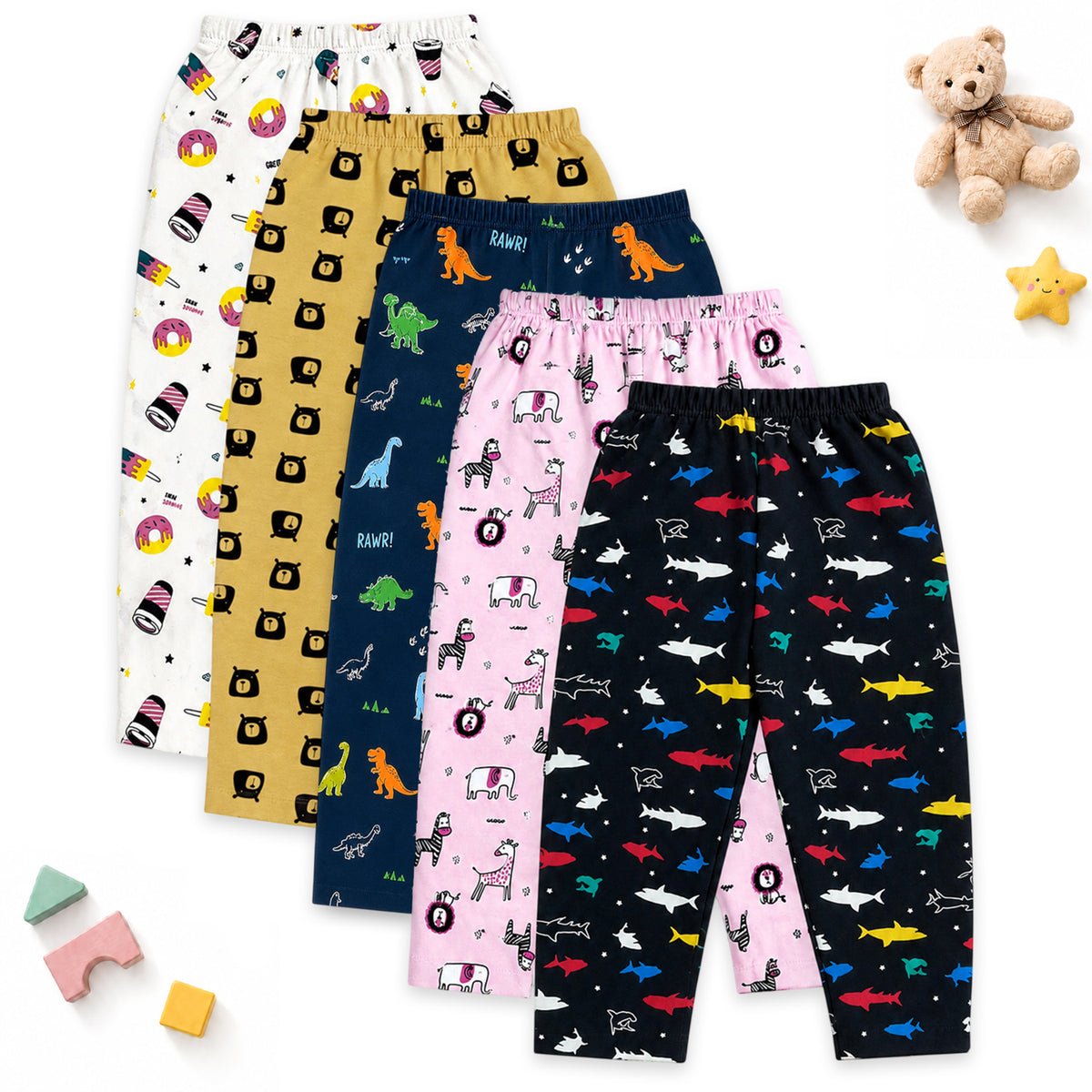 Kuchipoo Boys and Girls 100% Cotton Pajamas Combo | Soft Elastic Waist | Cute Animal Prints | Everyday Wear | Pack of 5