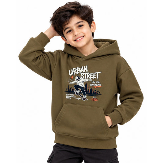 Kuchipoo Boys Printed Hooded Sweatshirt | Full Sleeve Pullover Hoodie with Kangaroo Pocket & Ribbed Cuffs | Warm & Comfortable Casual Winter Wear for Kids
