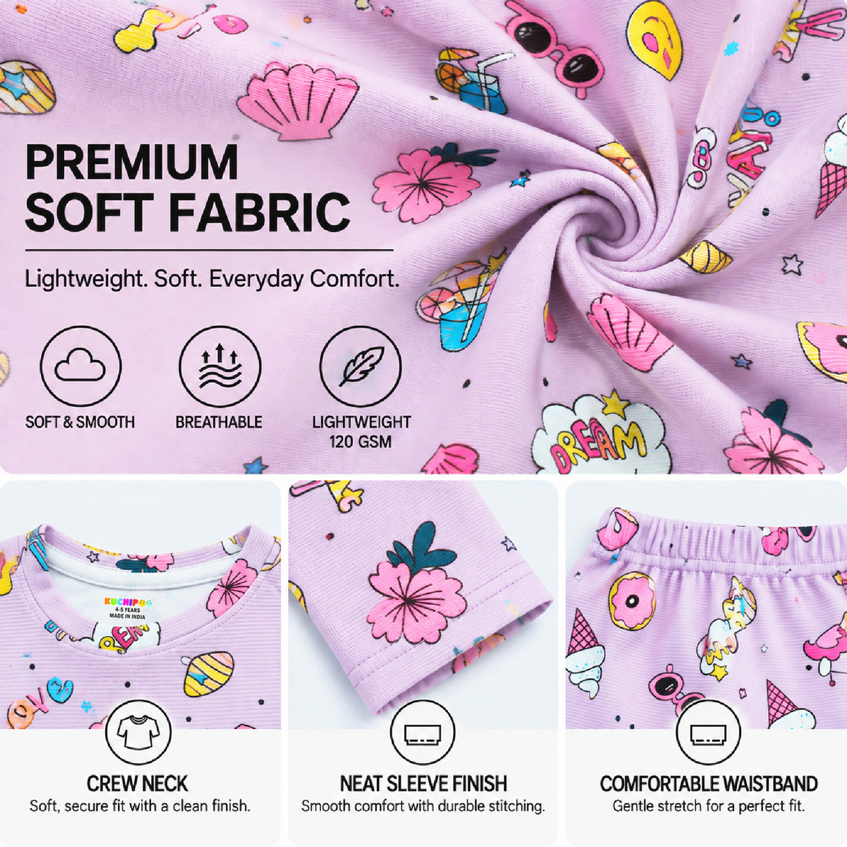 Kuchipoo Girls Printed Full Sleeve T-Shirt & Pajama Set | Soft & Comfortable Kids Night Suit | Cozy Casual Wear for Light Winters (Copy) (Copy)