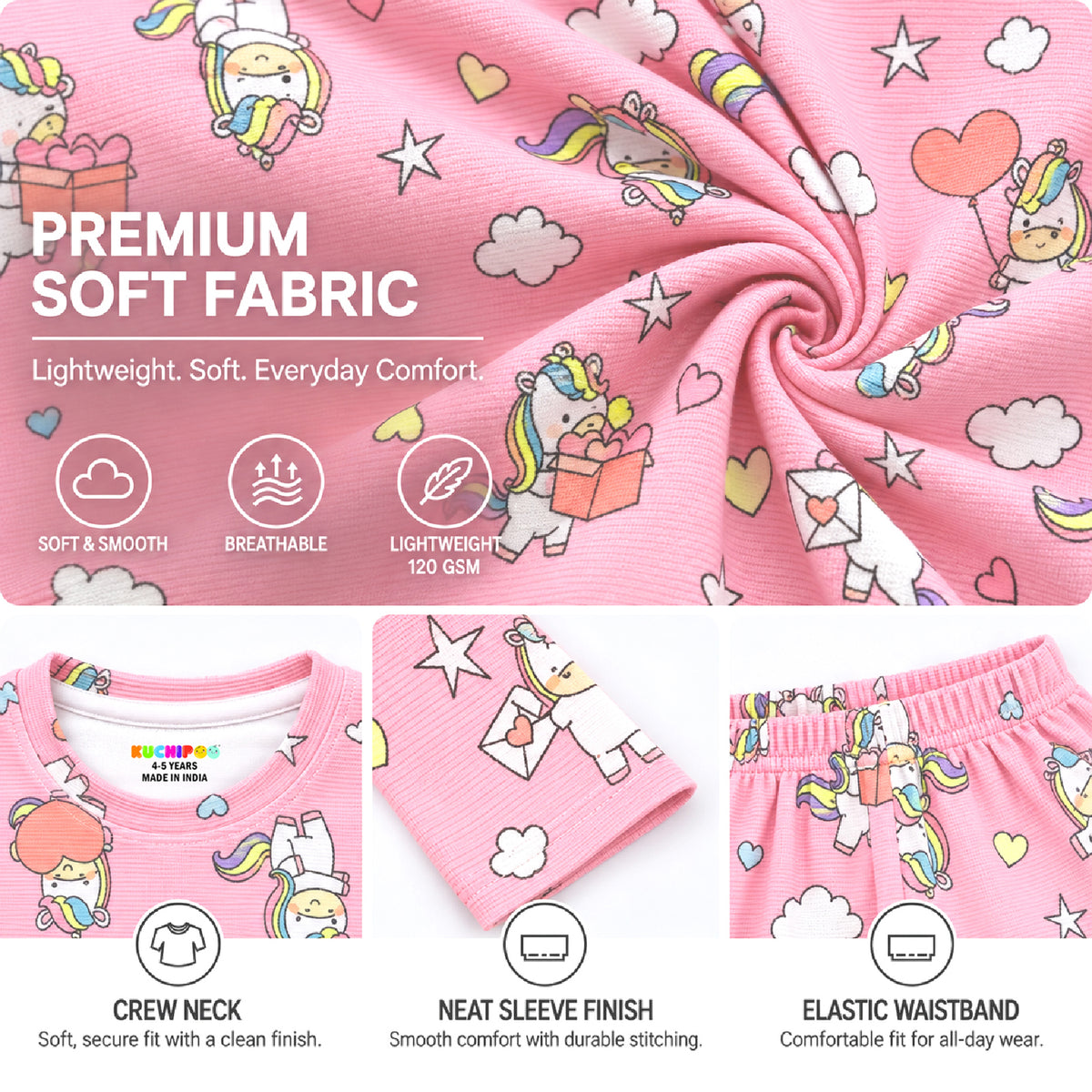 Kuchipoo Girls Printed Full Sleeve T-Shirt & Pajama Set | Soft & Comfortable Kids Night Suit | Cozy Casual Wear for Light Winters