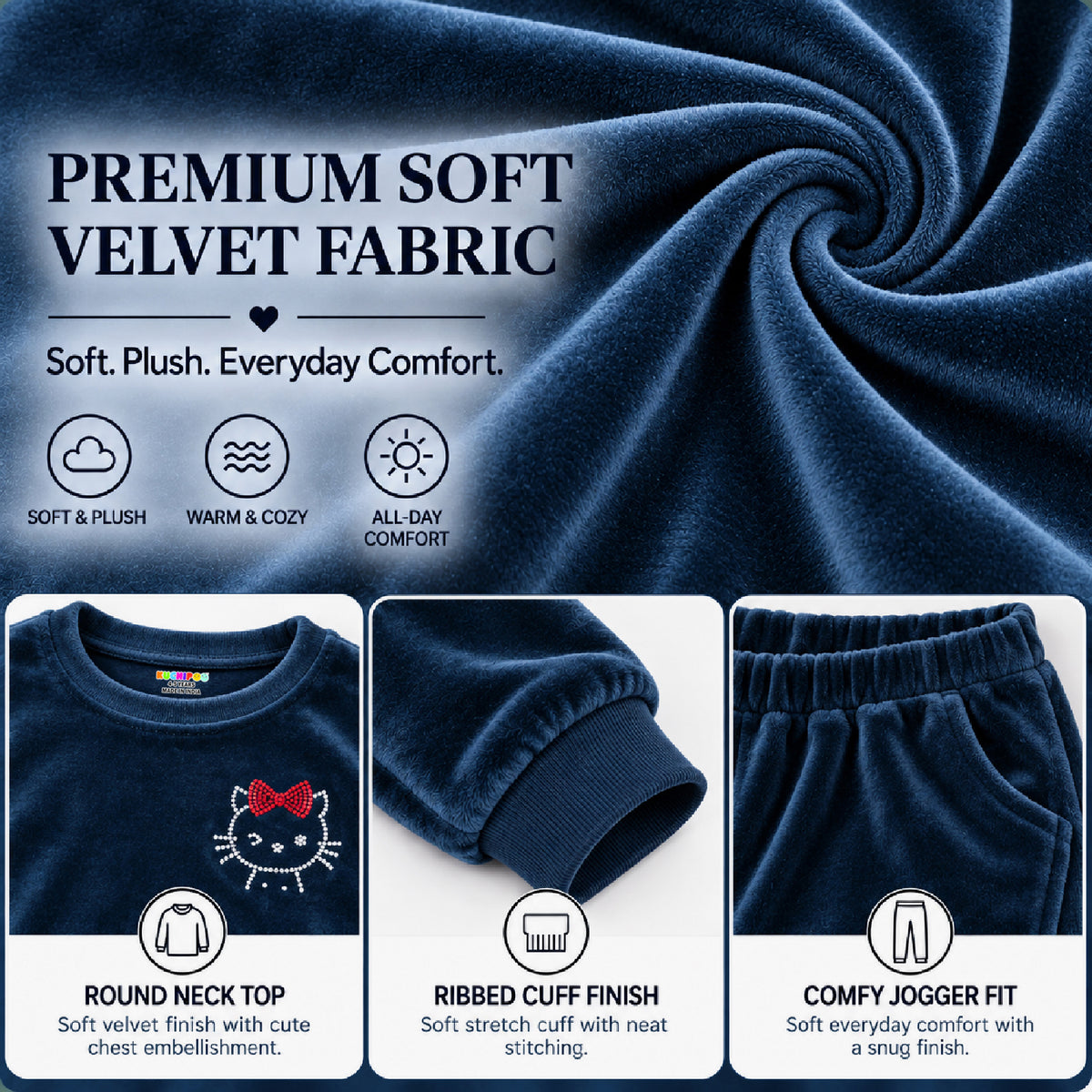 Kuchipoo Girls Velvet Night Suit Set | Full Sleeve Winter Pajama Set with Cute Kitty Design| Warm & Soft Winterwear for Girls