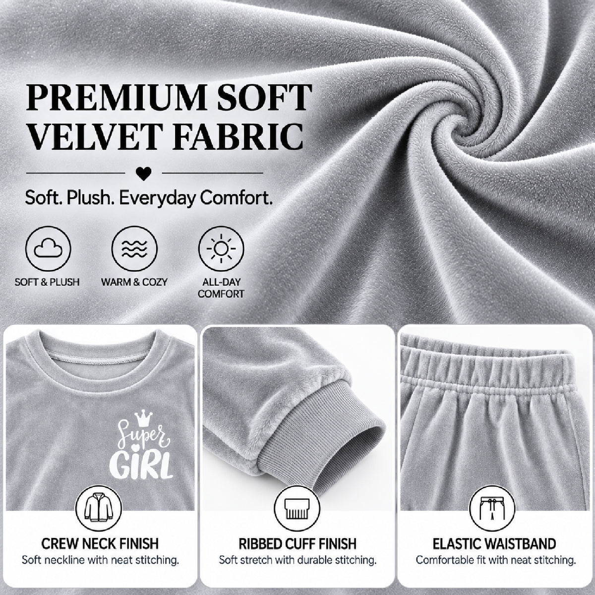 Kuchipoo Girls Velvet Sweatshirt & Jogger Set | Soft Velour Round Neck Full Sleeve Top & Pajama | Warm Winterwear