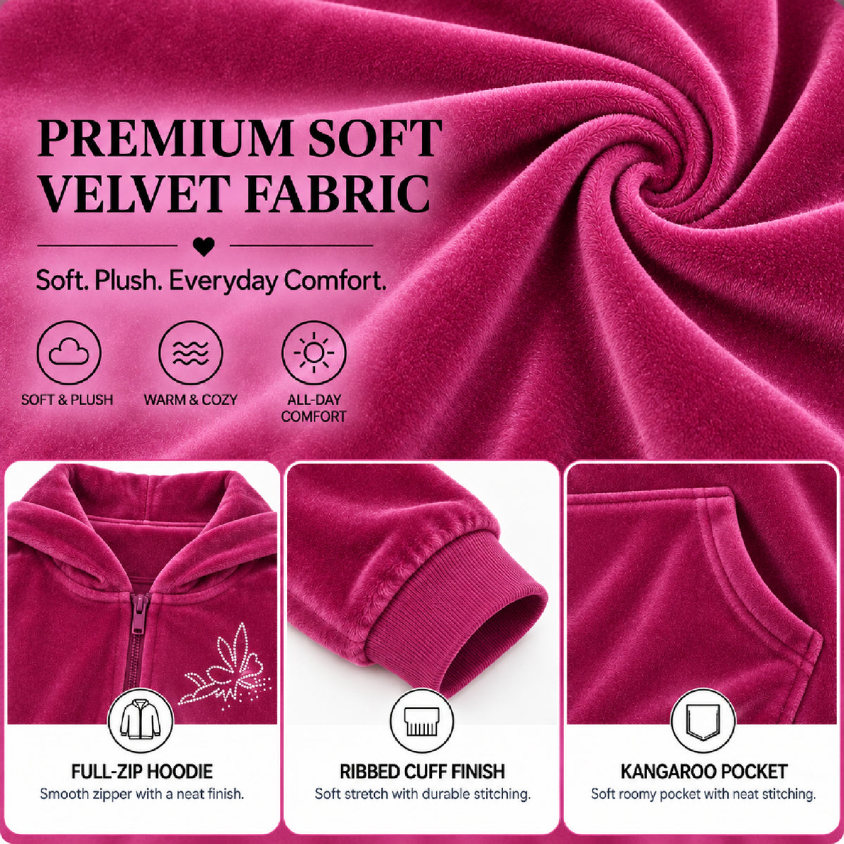 Kuchipoo Girls Velvet Zipper Hooded Sweatshirt & Jogger Set | Soft Velour Zip-Up Hoodie with Kangaroo Pockets & Pajama | Warm Full Sleeve Winterwear