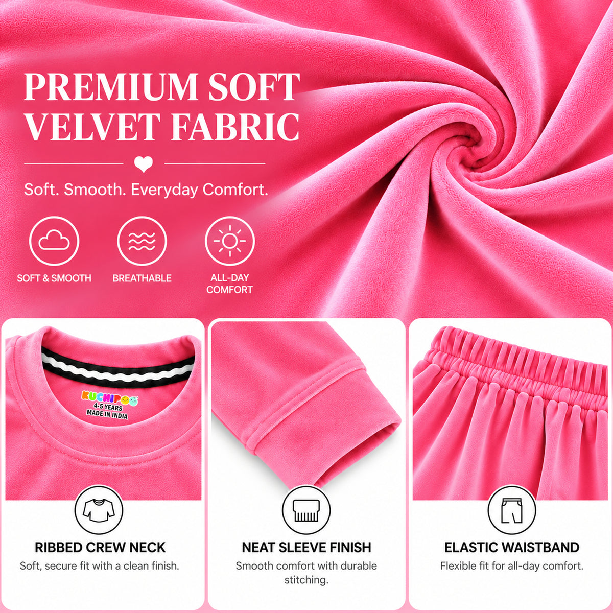 Kuchipoo Girls Velvet Top & Pajama Set | Soft Velour Round Neck Full Sleeve Top & Pajama | Warm Winterwear