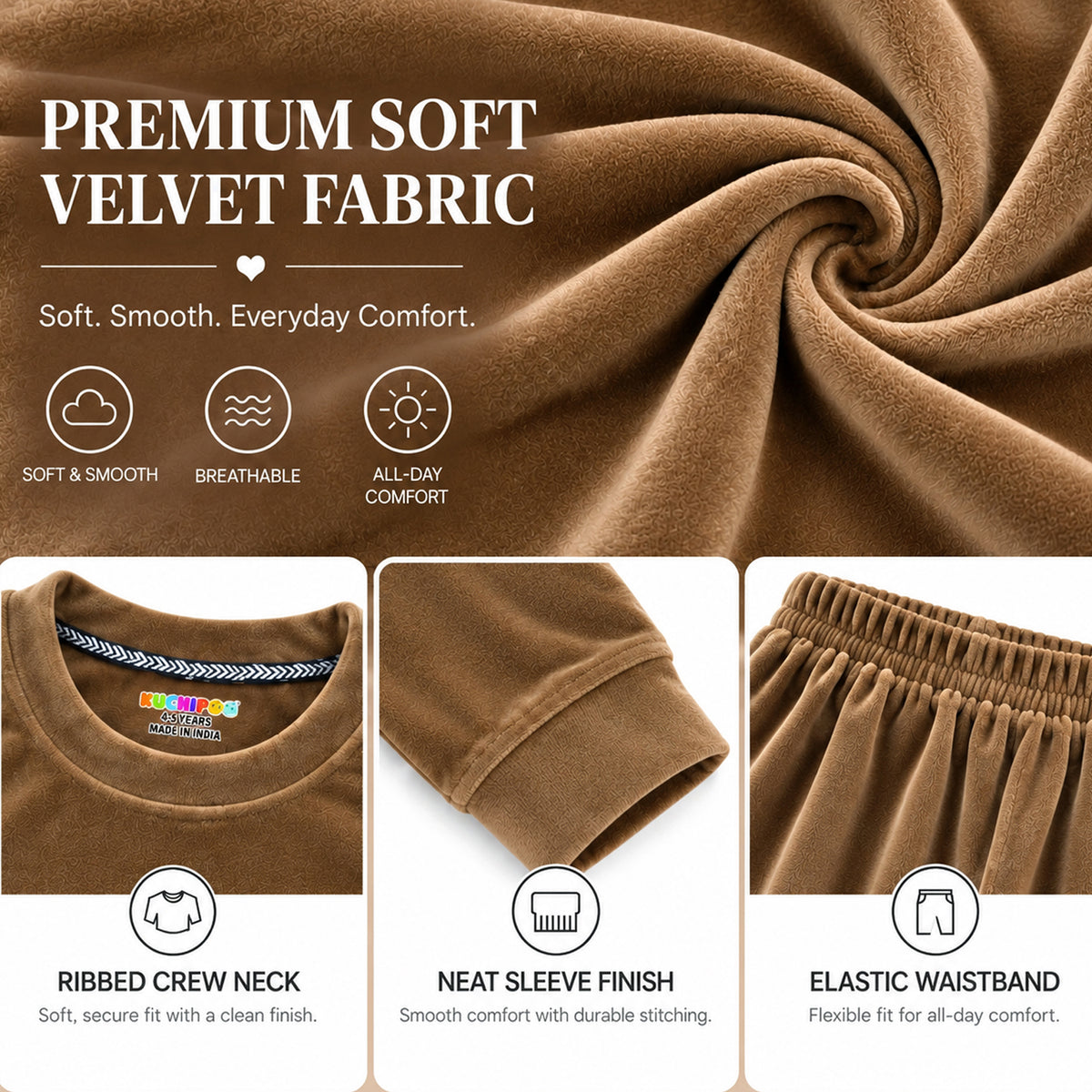 Kuchipoo Girls Velvet Top & Pajama Set | Soft Velour Round Neck Full Sleeve Top & Pajama | Warm Winterwear
