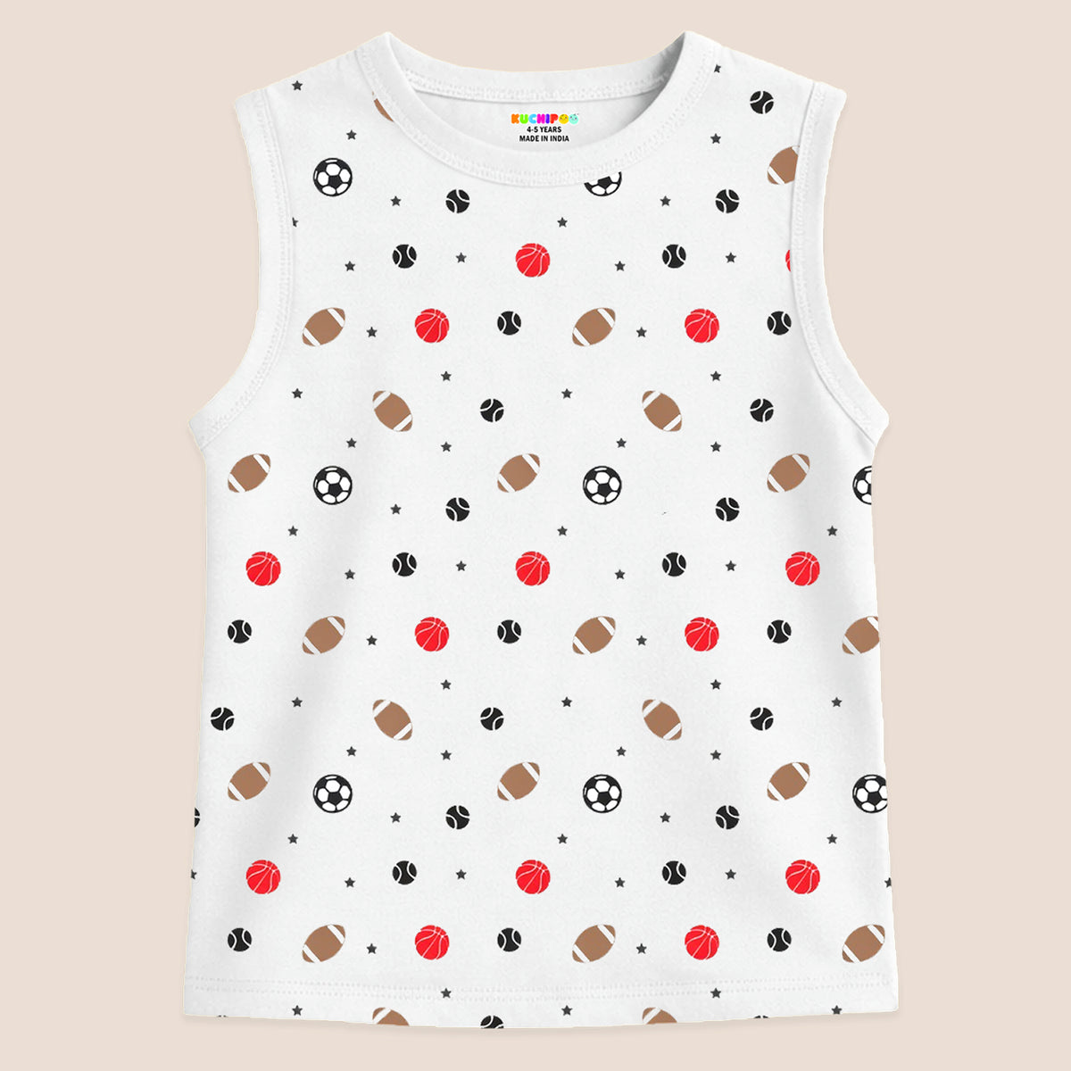 Kuchipoo Boys Sleeveless 100% Cotton T-Shirt | Cute Graphic Print | Soft & Breathable Fabric | Round Neck Summer Top | Casual for Baby Boys and Baby Girls | Pack of 5