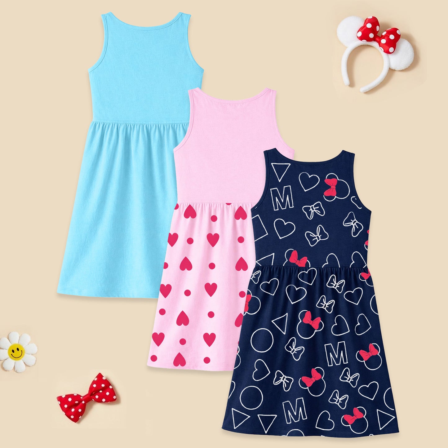 Kuchipoo © Disney Girls Minnie Mouse Printed Sleeveless Cotton Dress Combo | Cute Graphic Summer Casual Frock Set | Pack of 3