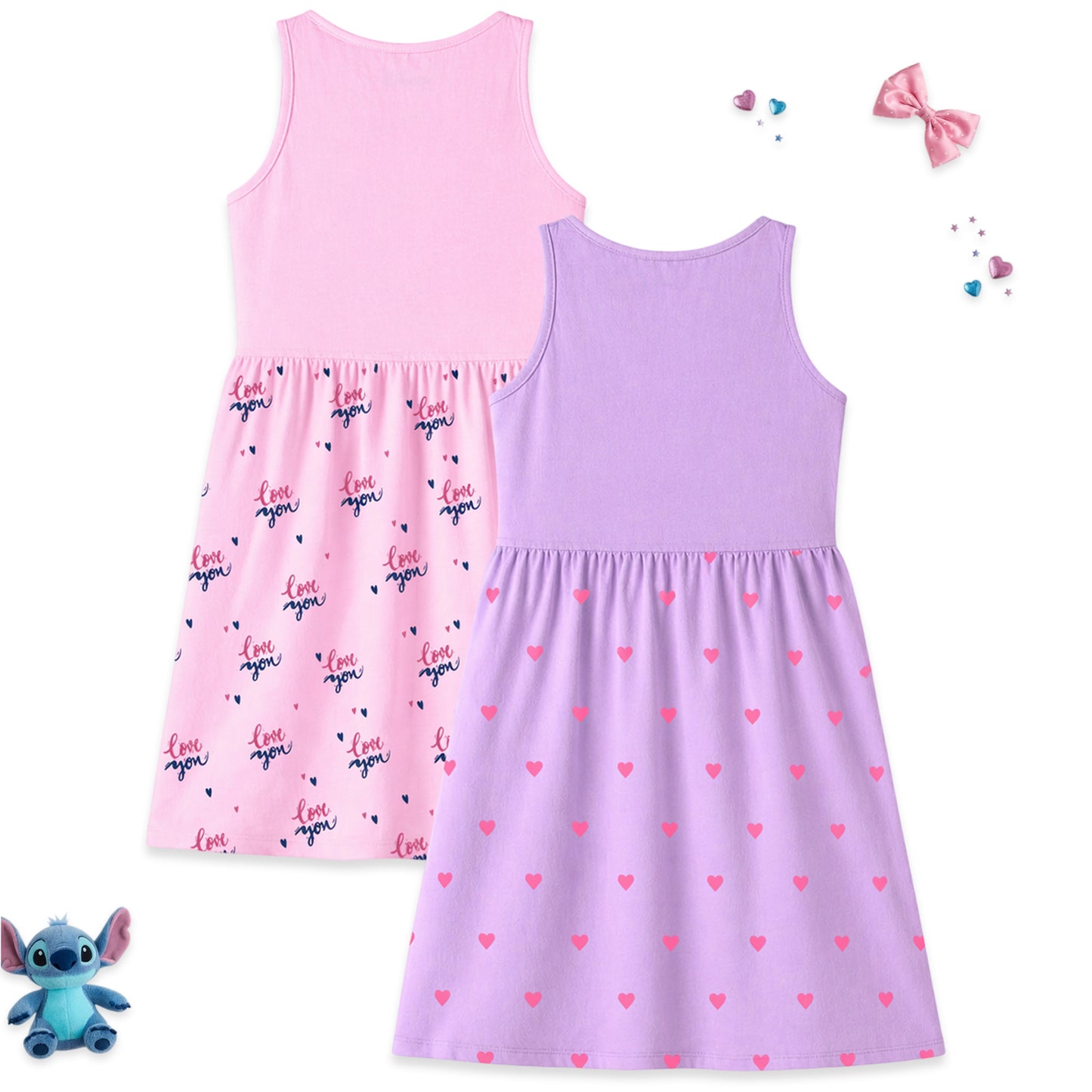 Kuchipoo © Disney | Stitch & Angel | Heart Print | Girls Summer Dress Frock | Pack of 2