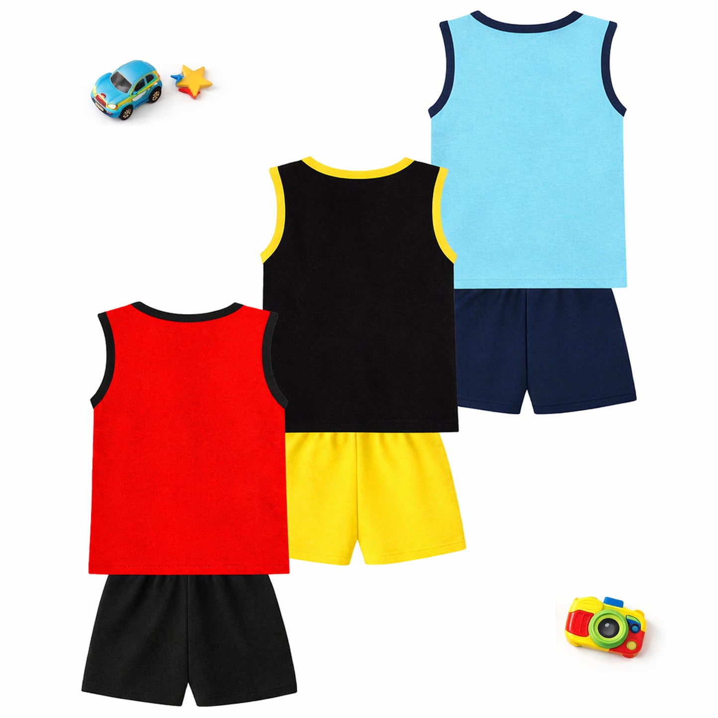 Kuchipoo Kids Sleeveless Cotton Tshirt & Shorts Set | Printed Summer Co-Ord Sets for Boys | Pack of 3