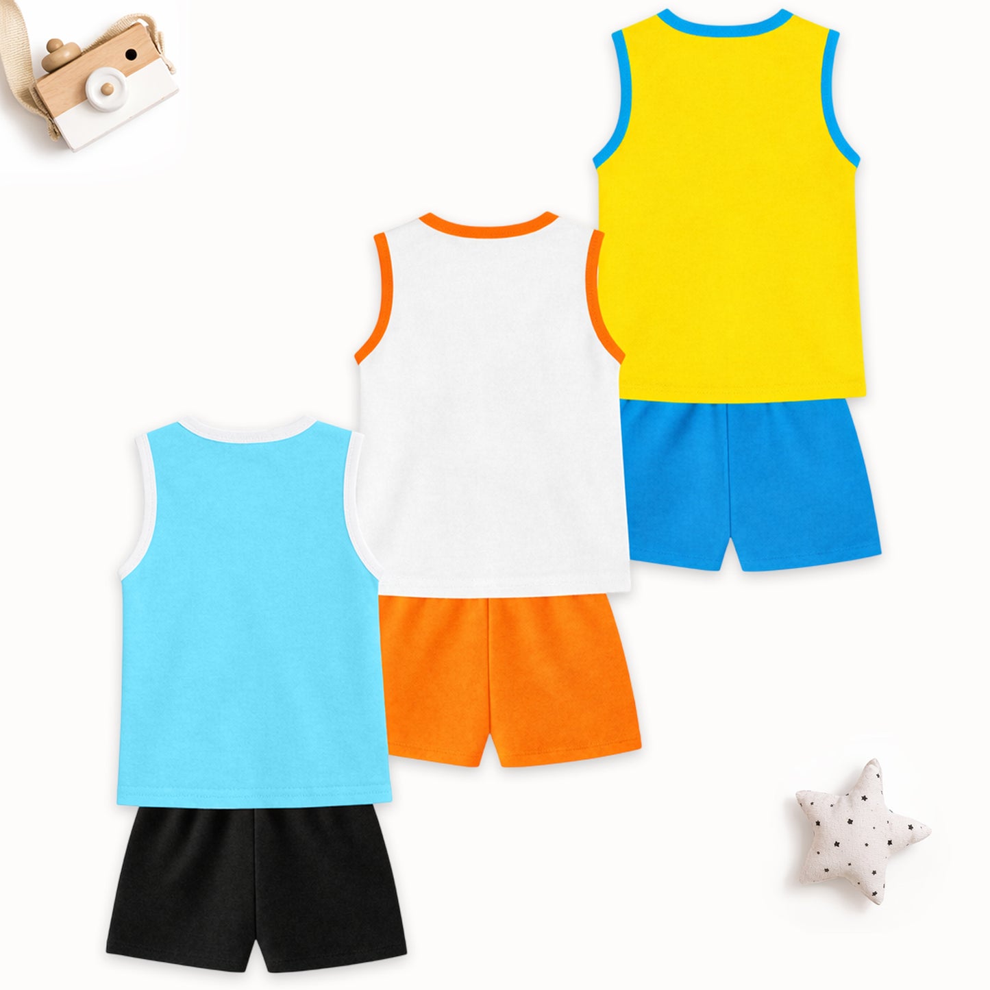 Kuchipoo Kids Sleeveless Cotton Tshirt & Shorts Set | Printed Summer Co-Ord Sets for Boys | Pack of 3