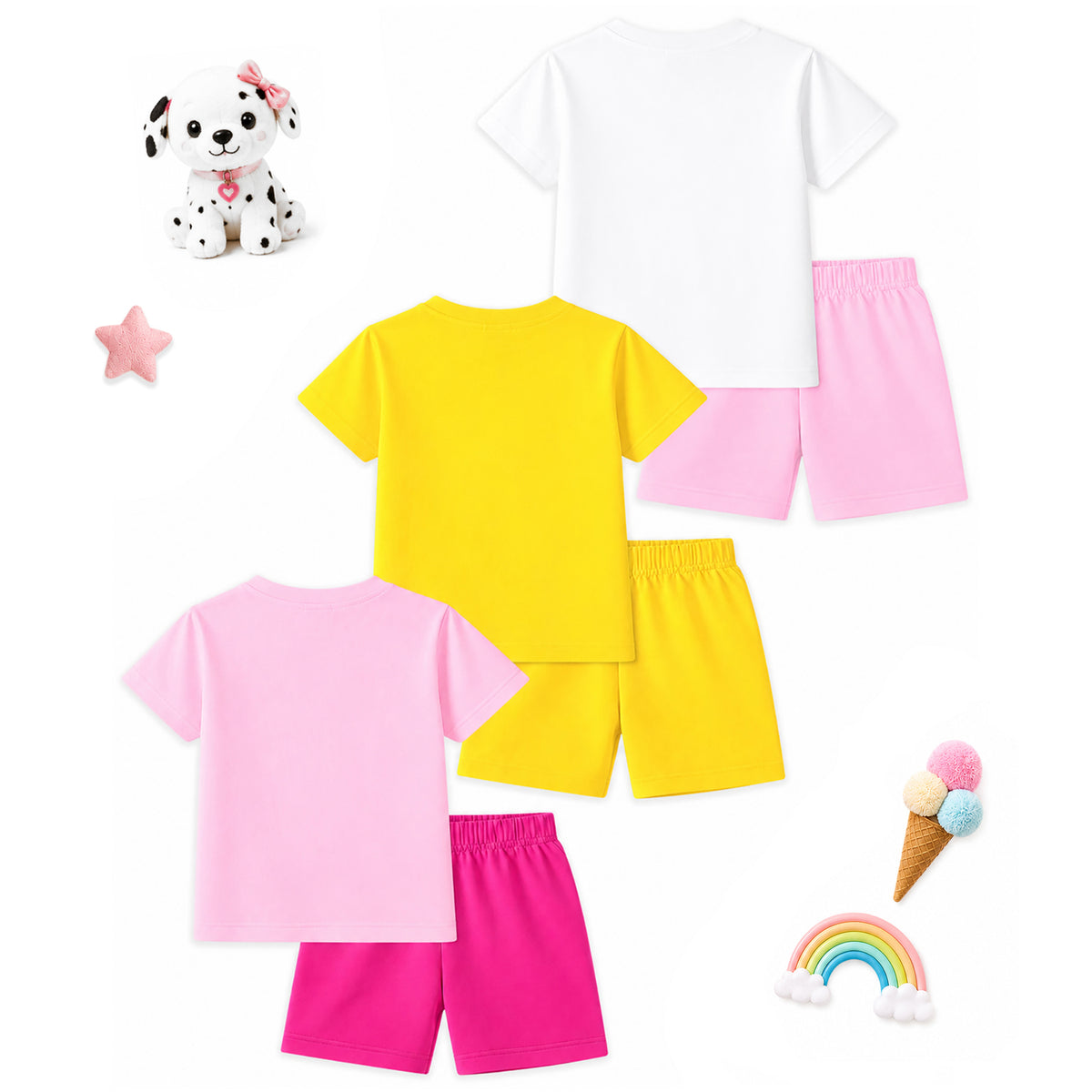 Kuchipoo Girls Cotton T-Shirt & Shorts | Printed Summer Wear Set | Soft & Comfortable Kids Clothing | Pack of 3