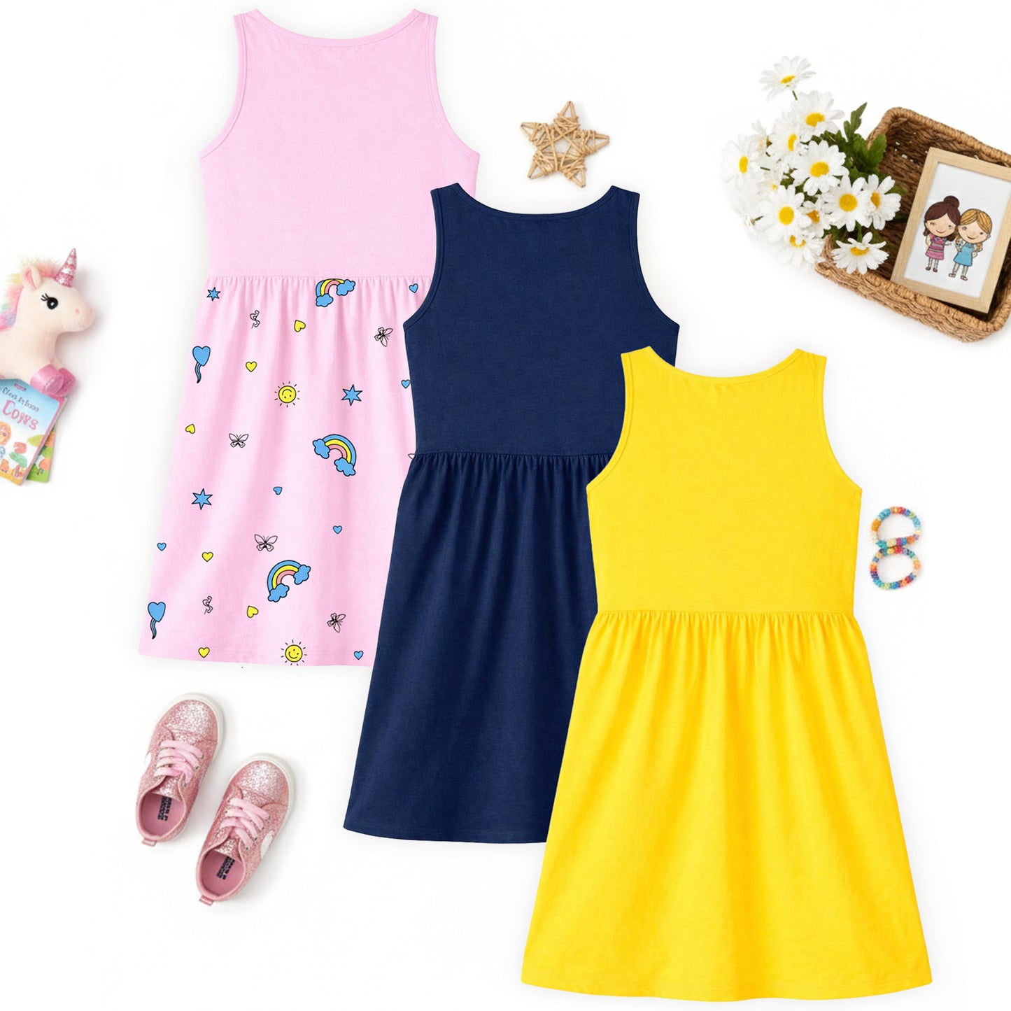 Kuchipoo Girls Regular Fit Cotton Frocks - Pack of 3