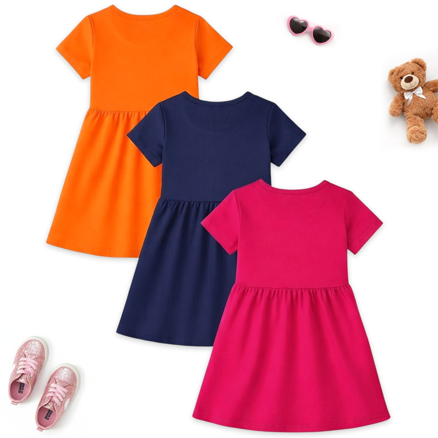 Kuchipoo Girls Cotton Printed Fit & Flare Dress | Casual Everyday Wear Frock for Girls | Soft & Comfortable Summer Outfit | Multicolor | Pack of 3