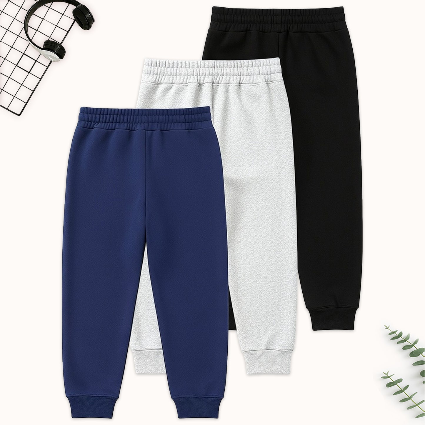 Kuchipoo Boys Solid Joggers | Elastic Waist Track Pants with Drawstring | Navy, Grey & Black - Pack of 3