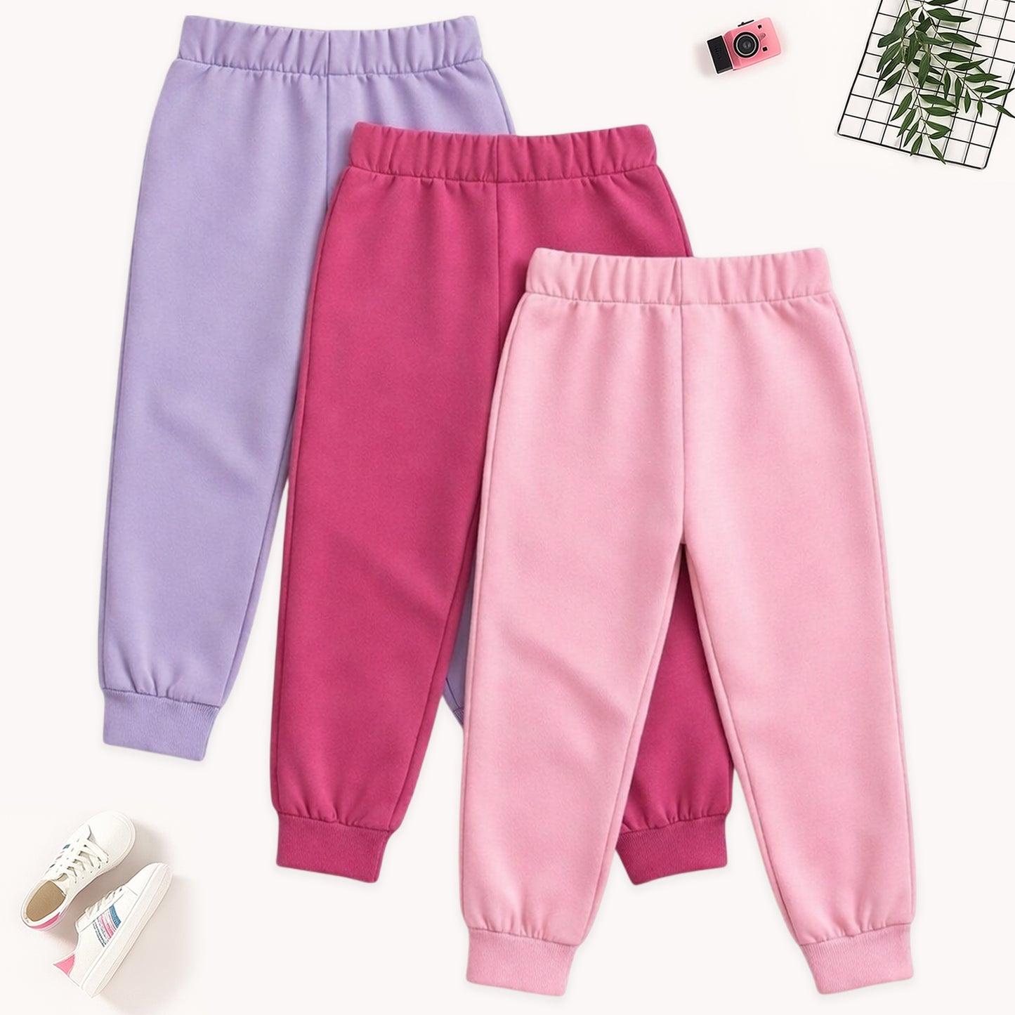 Kuchipoo Girls Cotton Jogger Pants with Side Stripe Design, Elastic Waist & Drawstring – Soft & Comfortable Track Pants for Kids – Pack of 3