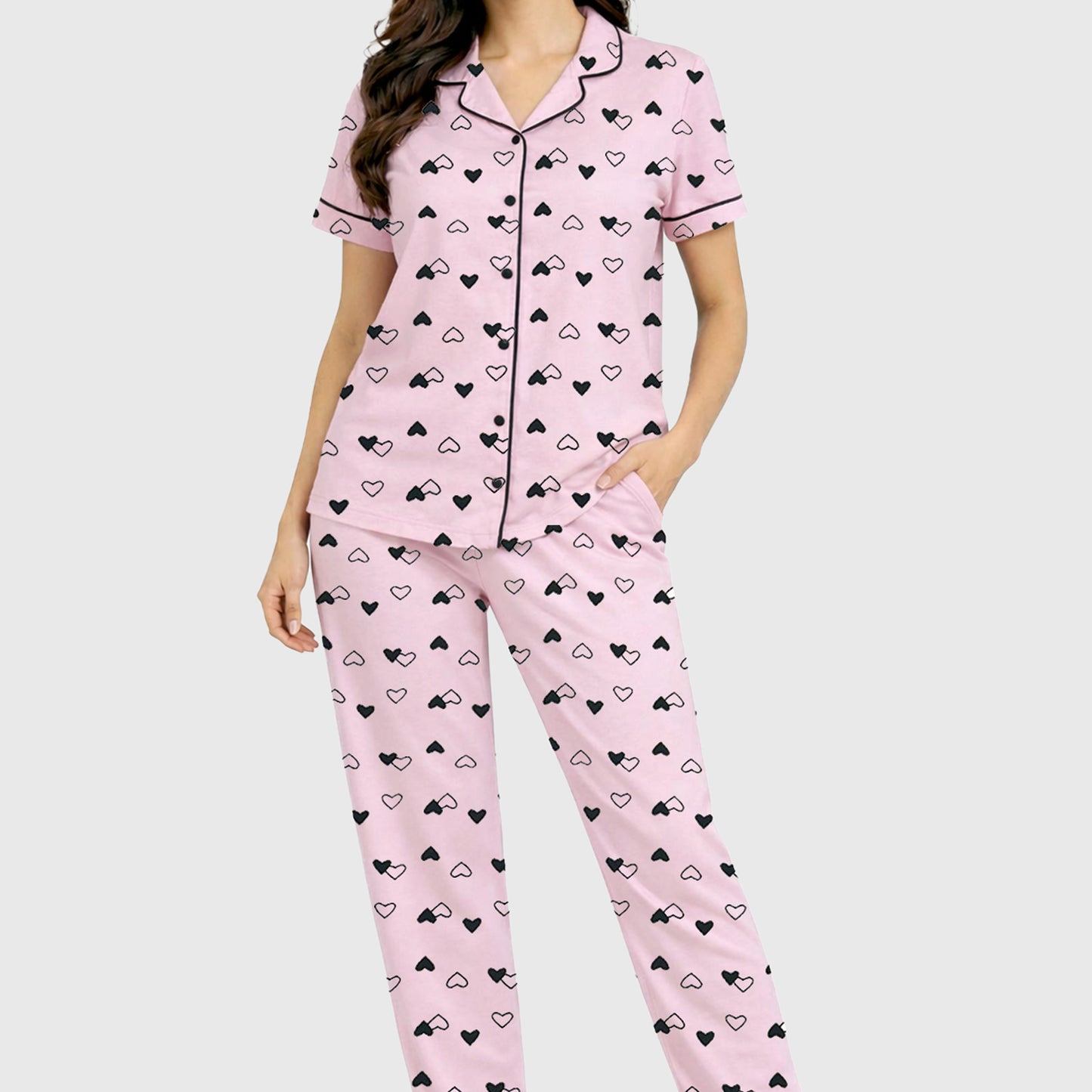 Kuchipoo Women’s 100% Cotton Nightwear Pajama Set | Printed Half Sleeve Button-Down Top & Full Length Pyjama | Soft Comfortable Sleepwear (Copy) (Copy)