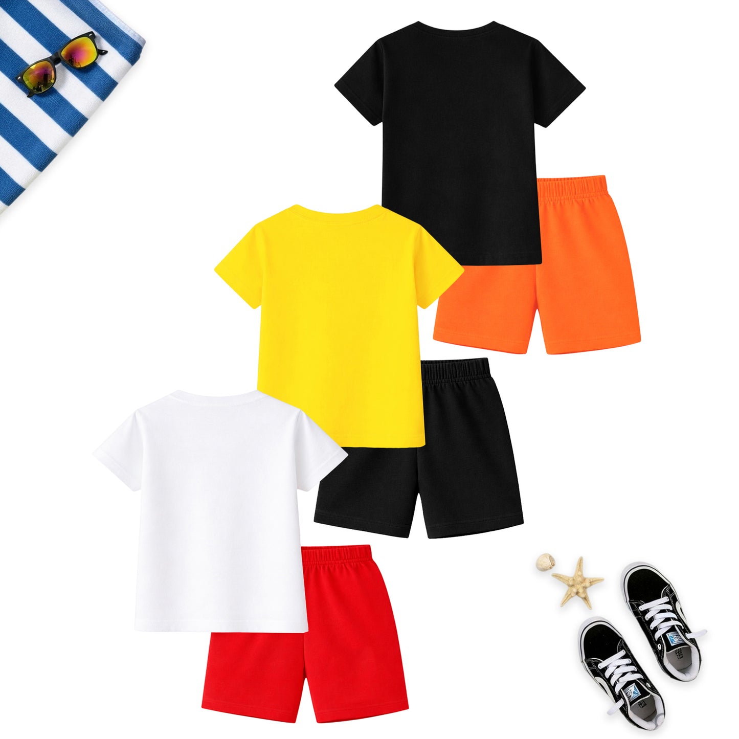 Kuchipoo Boys Cotton T-Shirt & Shorts Set | Half Sleeve Round Neck Top with Elastic Waist Shorts | Soft & Comfortable Casual Wear for Kids | Pack of 3