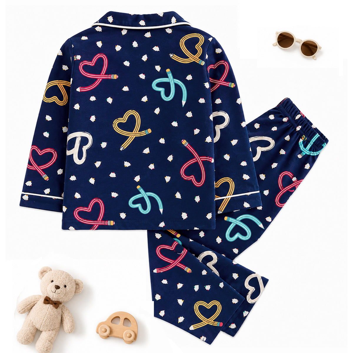 Kuchipoo Girls 100% Cotton Night Suit Set | Soft & Breathable Printed Pyjama Set | Full Sleeve Button Down Sleepwear for Girls