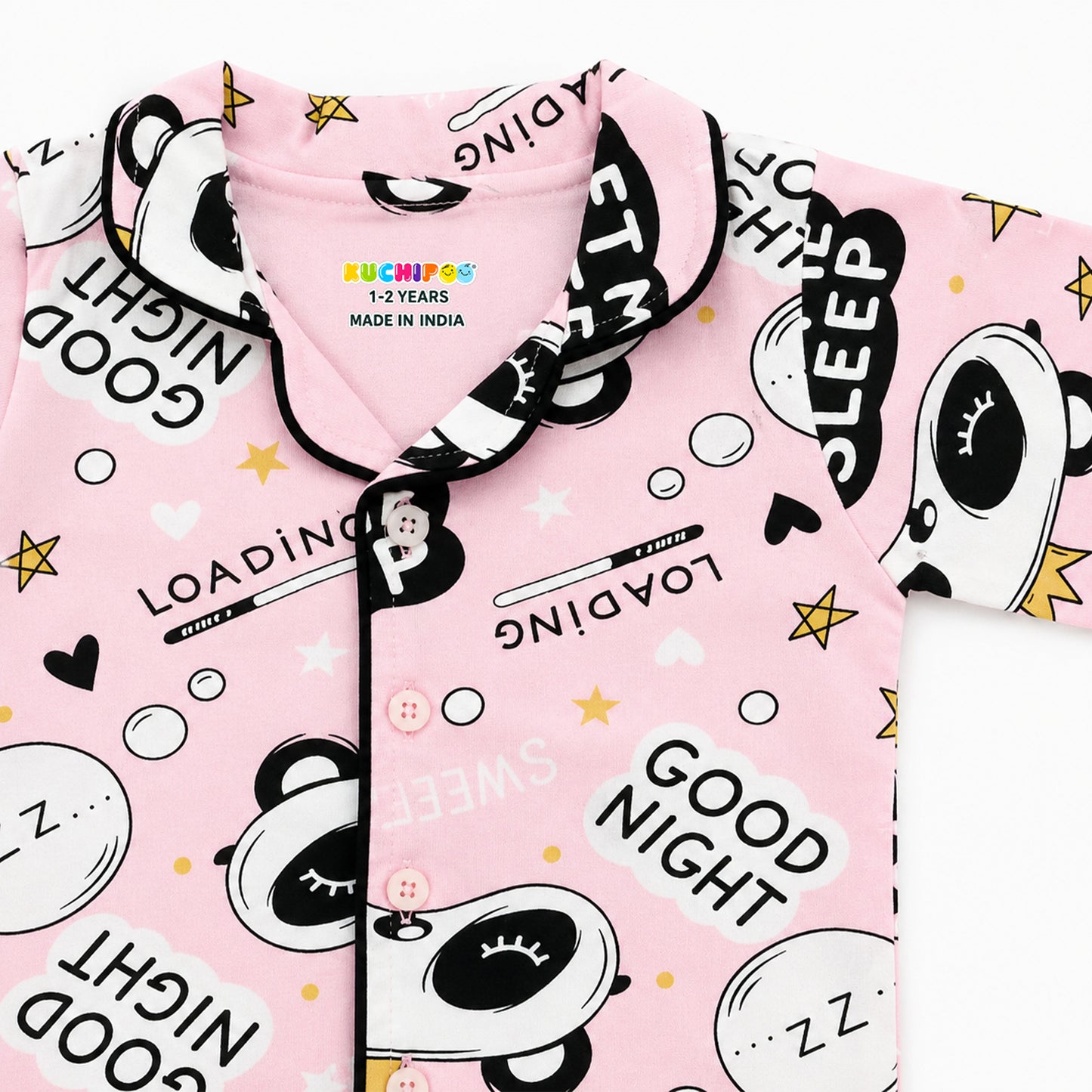 Kuchipoo Girls 100% Cotton Night Suit Set | Soft & Breathable Printed Pyjama Set | Full Sleeve Button Down Sleepwear for Girls