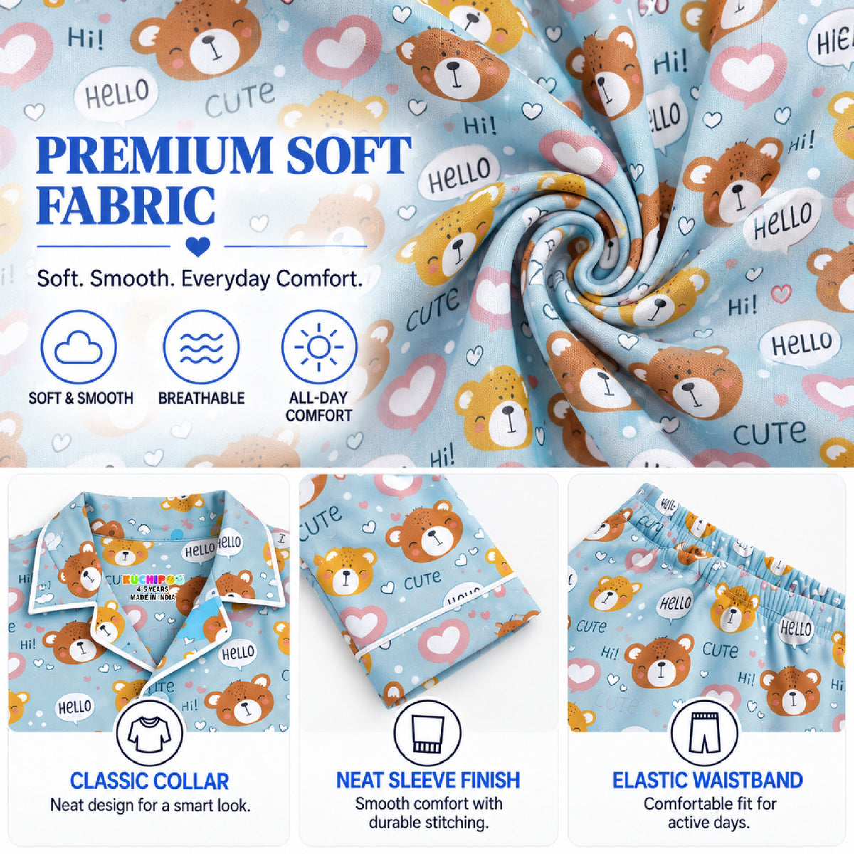 Kuchipoo Boys 100% Cotton Night Suit Set | Soft & Breathable Printed Pyjama Set | Full Sleeve Button Down Sleepwear for Boys