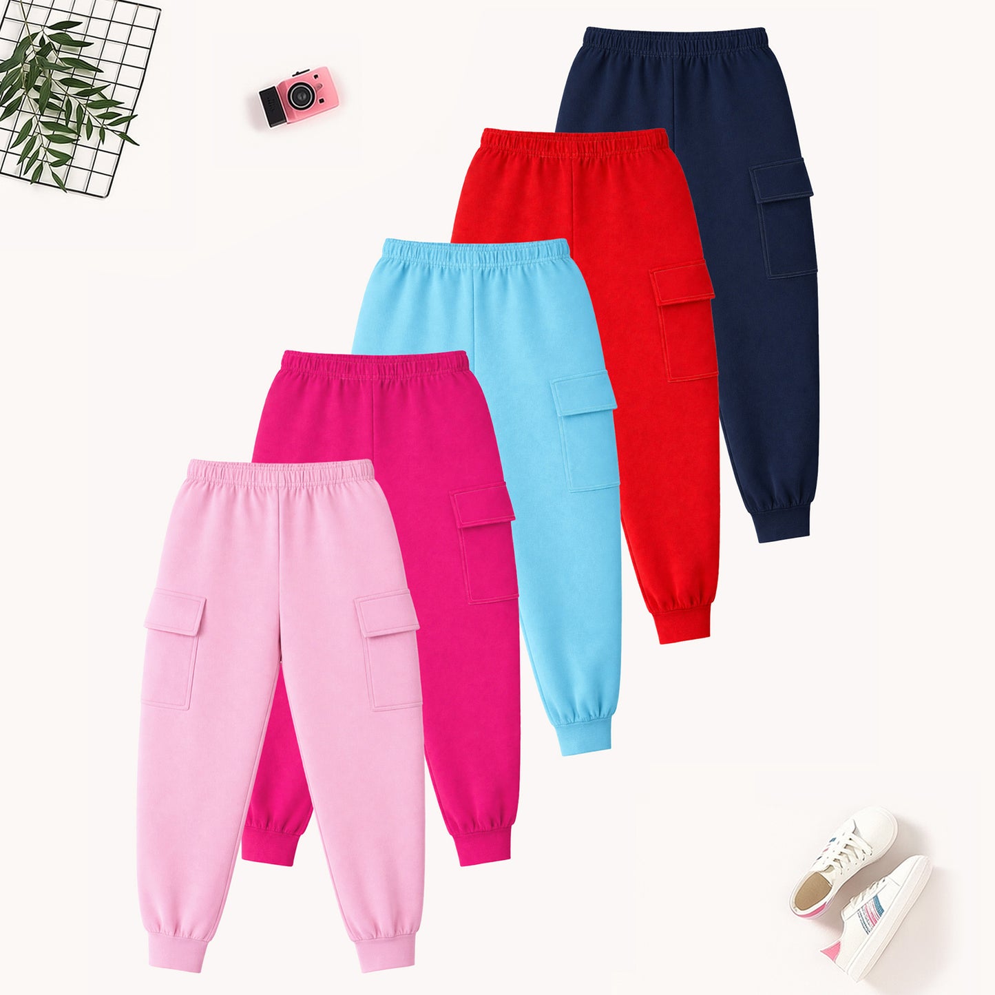 Kuchipoo Girls Cotton Jogger Pants | Elastic Waist | Side Cargo Pockets | Soft & Comfortable Track Pants for Kids | Pack of 5