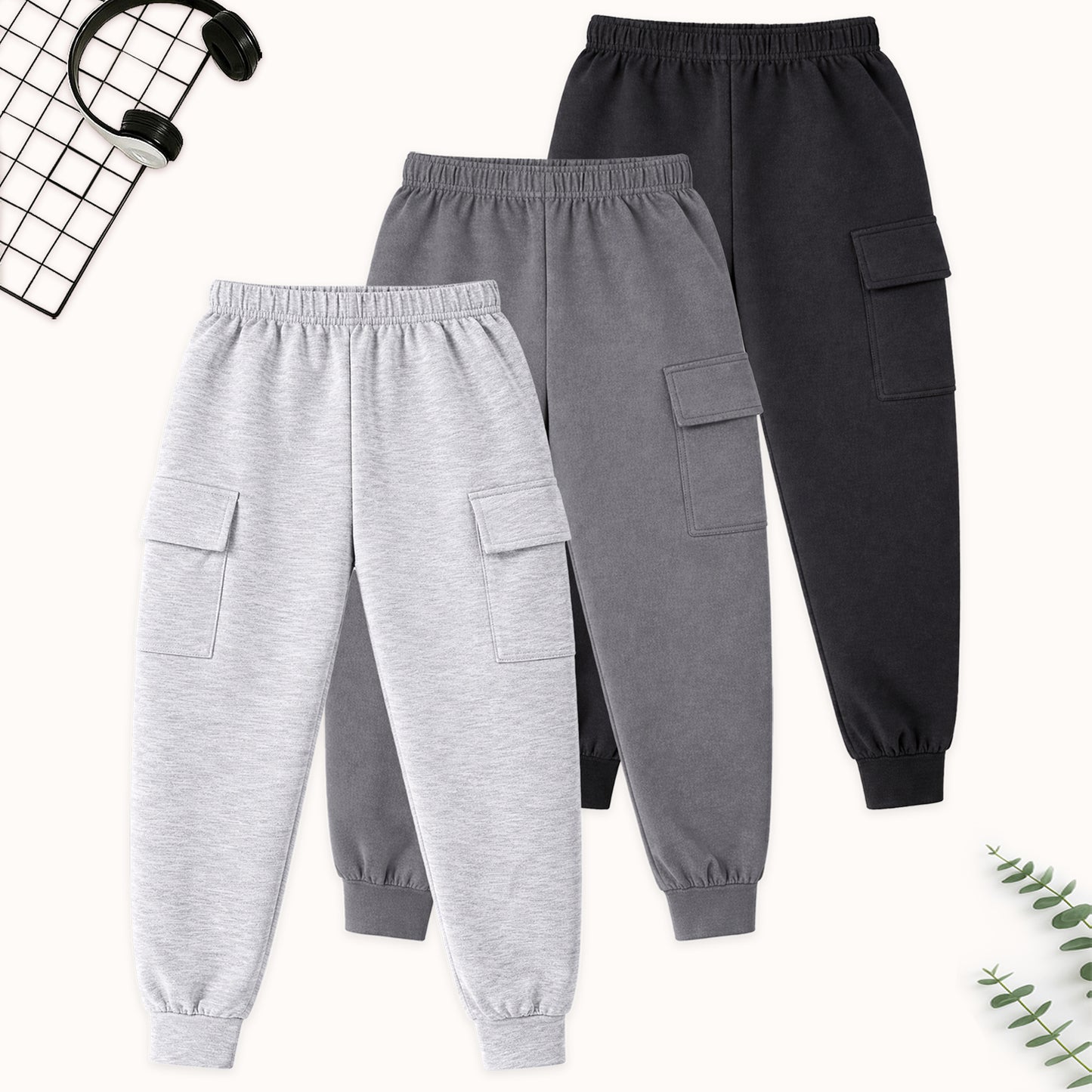 Kuchipoo Boys Cotton Cargo Jogger Pants with Pocket | Soft Elastic Waist Comfortable Track Pants for Boys | Casual Joggers for Kids | Pack of 3