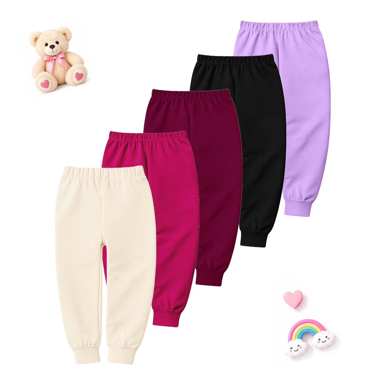 Kuchipoo Girls Cotton Pajamas Combo | Soft Elastic Waist | Cute Animal Prints | Everyday Wear | Pack of 5