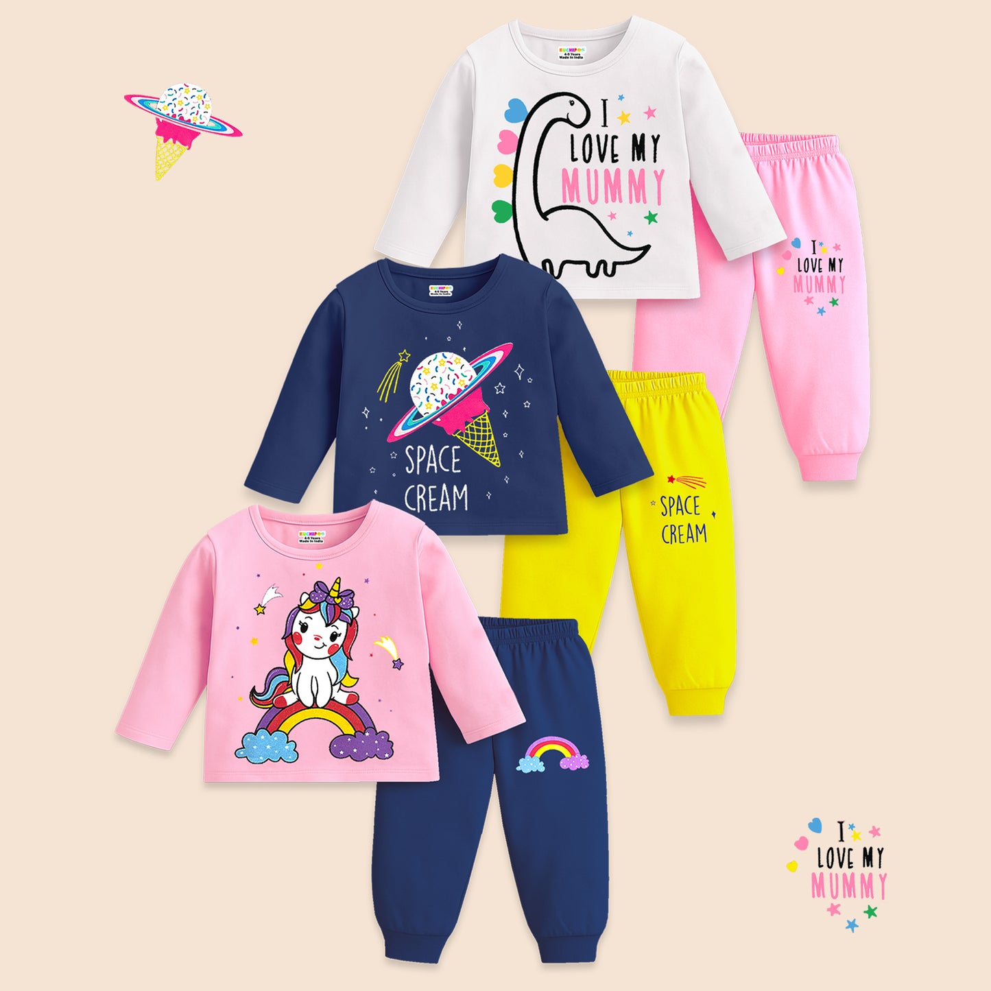 Kuchipoo Girls Regular Fit T-Shirts and Pyjamas Set