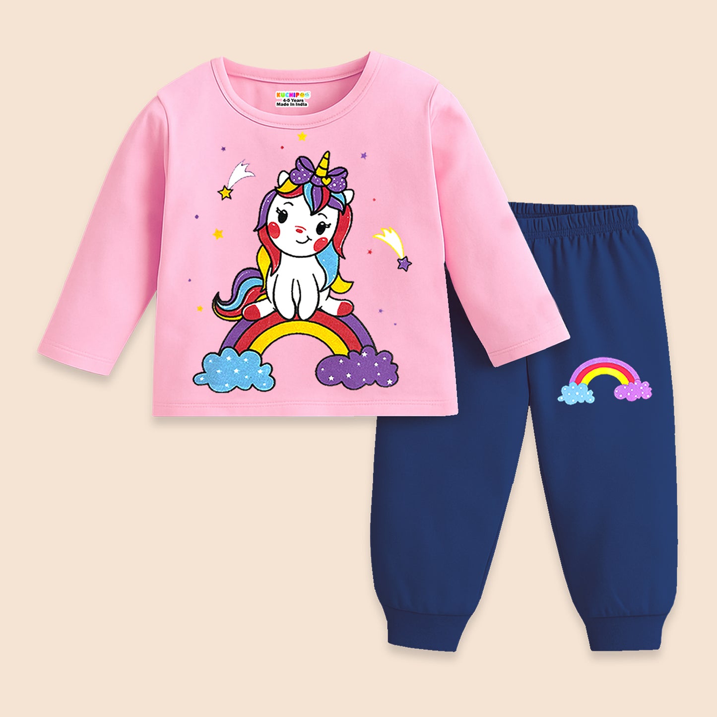 Kuchipoo Girls Regular Fit T-Shirts and Pyjamas Set
