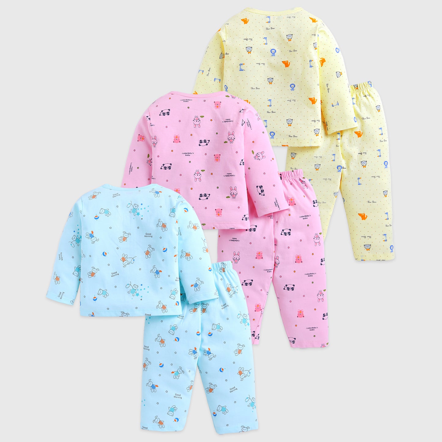Kuchipoo 100% Cotton Front Open T-Shirts and Pajamas Set for Baby Boy and Baby Girl-Pack of 3