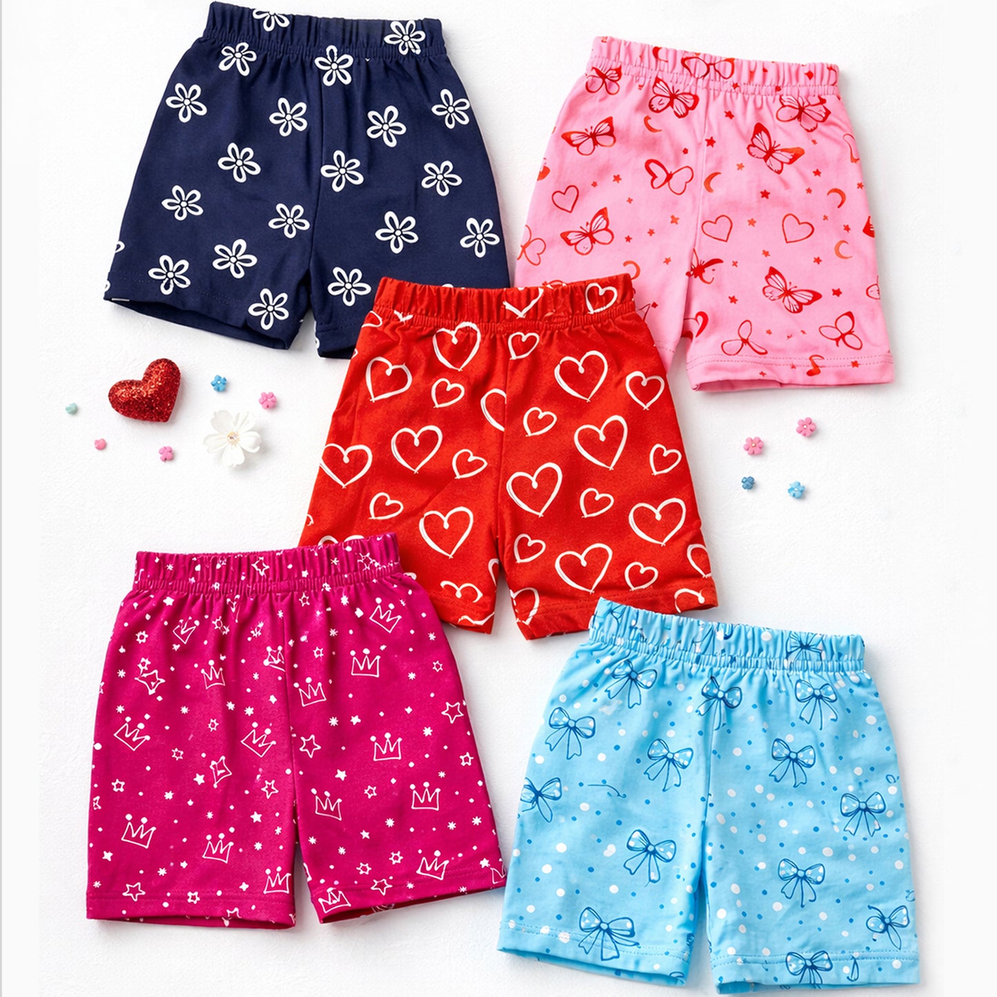 Kuchipoo Girls Cotton Printed Shorts | Elastic Waist | Summer Wear Shorts for Kids - Pack of 5