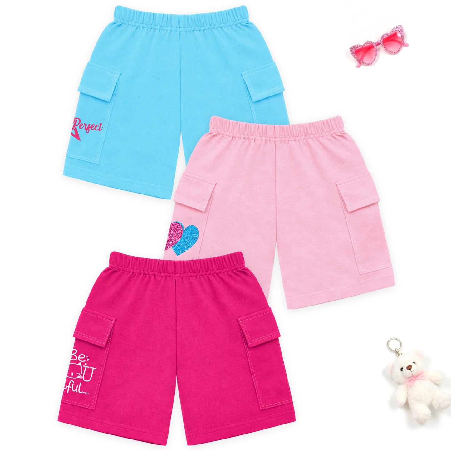 Kuchipoo Girls Cotton Cargo Shorts | Elastic Waistband | Double Pocket Shorts | Summer Casual Wear for Kids | Pack of 3