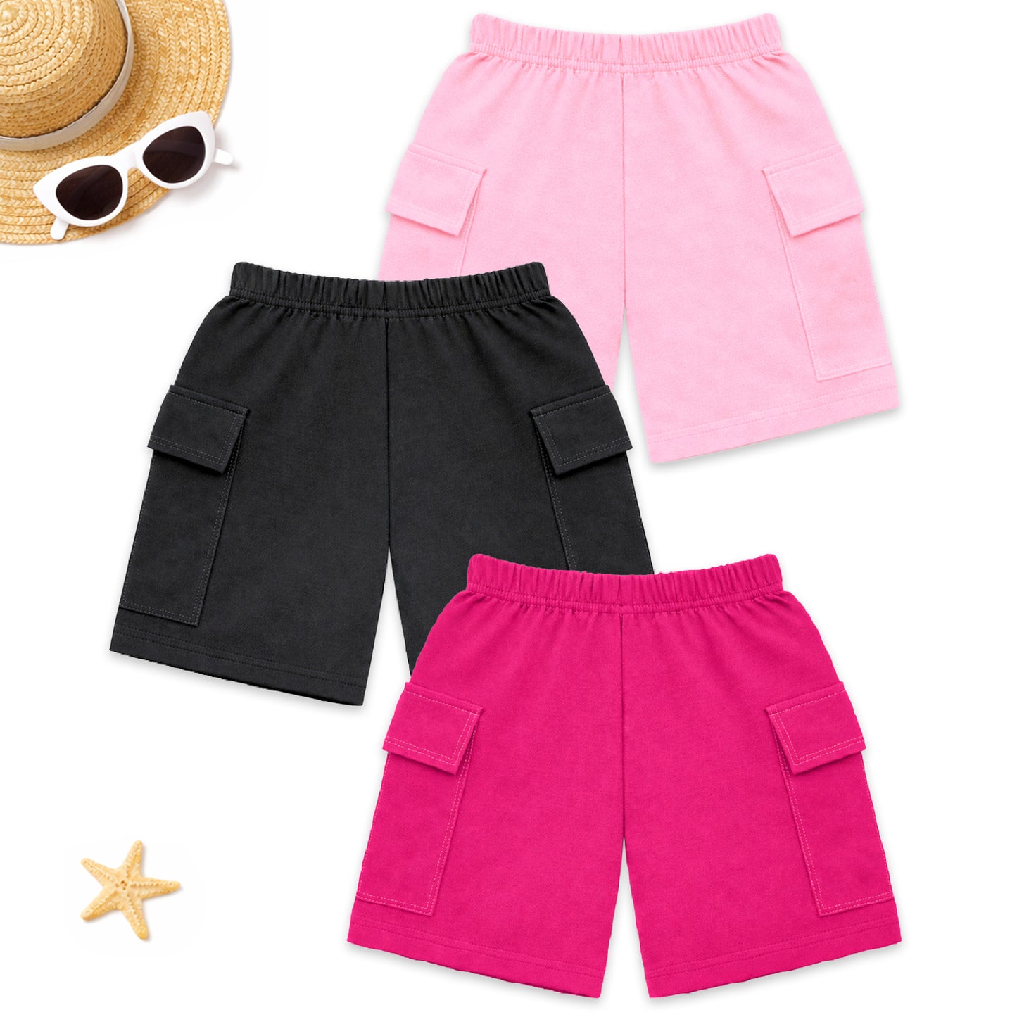 Kuchipoo Girls Cotton Cargo Shorts | Elastic Waistband | Double Pocket Shorts | Summer Casual Wear for Kids | Pack of 3