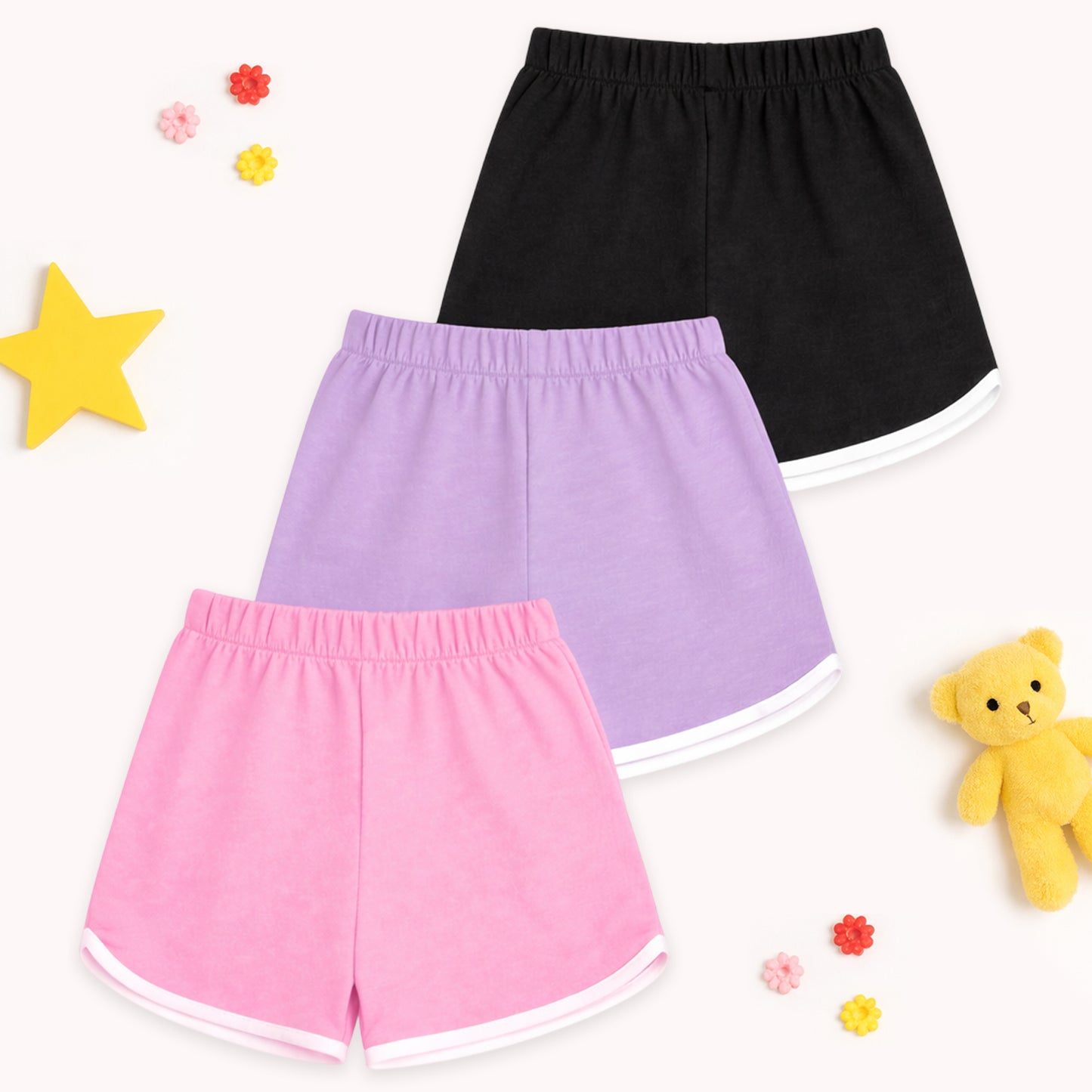 Kuchipoo Girls Cotton Printed Shorts | Soft & Breathable Fabric | Elastic Waist with Drawstring | Casual Summer Wear | Pack of 3
