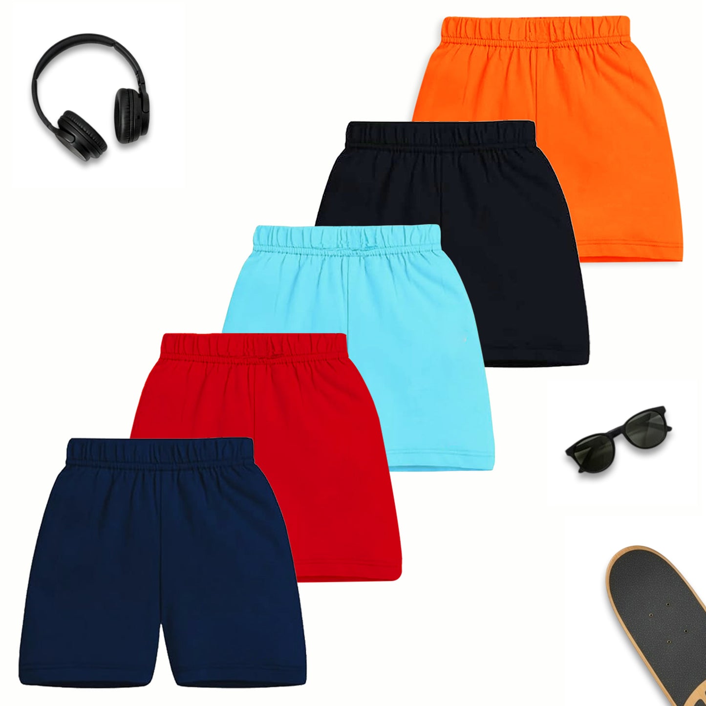 Kuchipoo Boys Cotton Printed Shorts | Elastic Waist | Summer Wear Shorts for Kids - Pack of 5