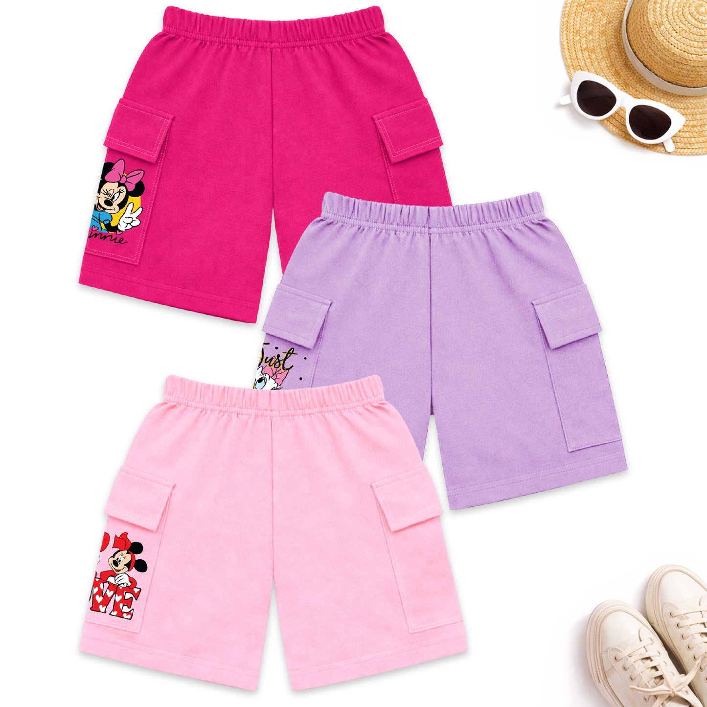 Kuchipoo © Disney Girls Cotton Cargo Shorts | Elastic Waistband | Double Pocket Shorts | Summer Casual Wear for Girls | Pack of 3
