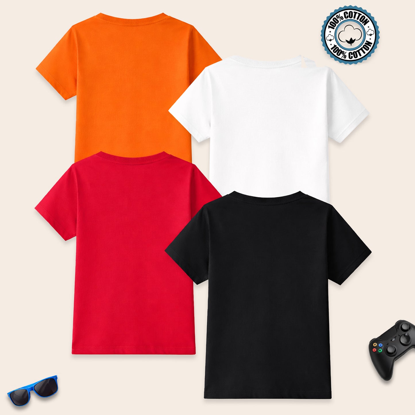 Kuchipoo Boys 100% Cotton Half Sleeve T-Shirt | Soft & Breathable Fabric | Round Neck Plain Solid Tee | Comfortable Pack of 4