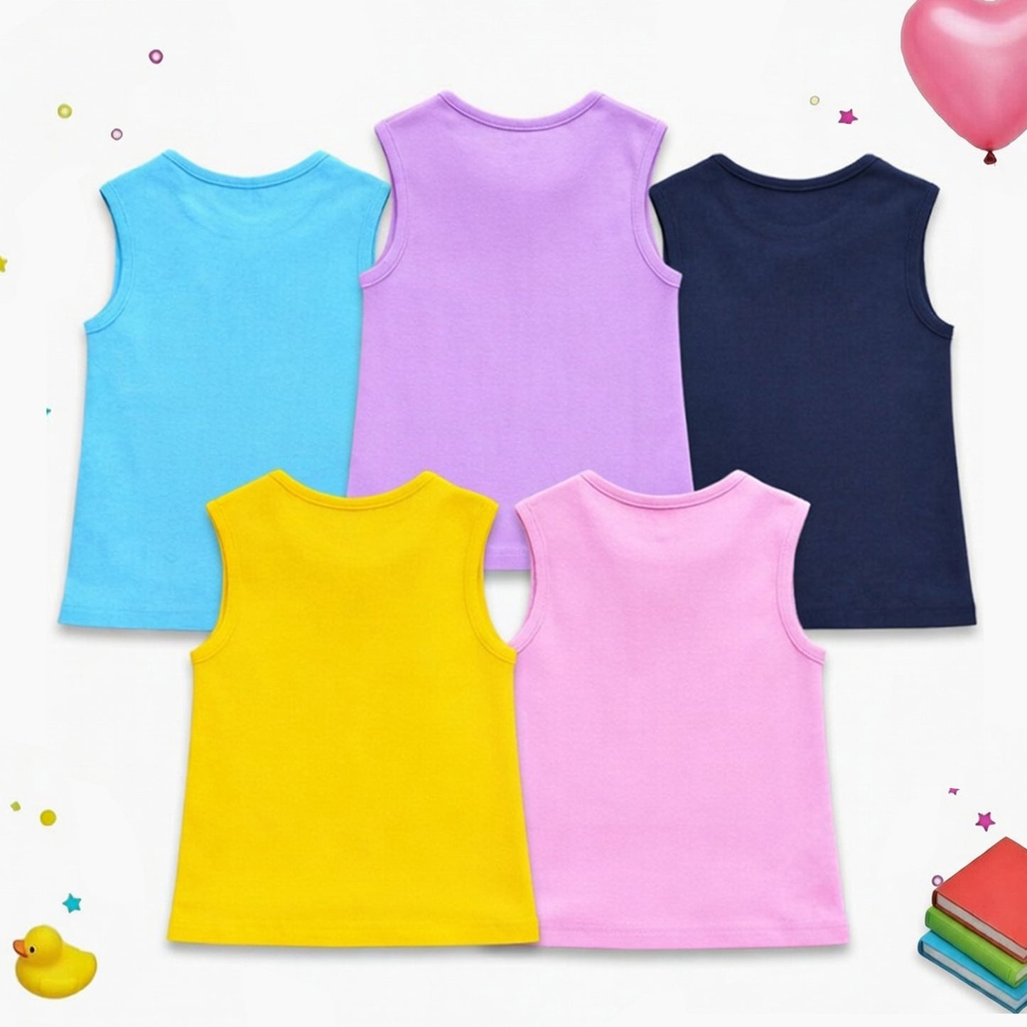 Kuchipoo Girls Sleeveless Cotton T-Shirt | Cute Graphic Print | Soft & Breathable Fabric | Round Neck Summer Top | Casual for Kids | Pack of 5