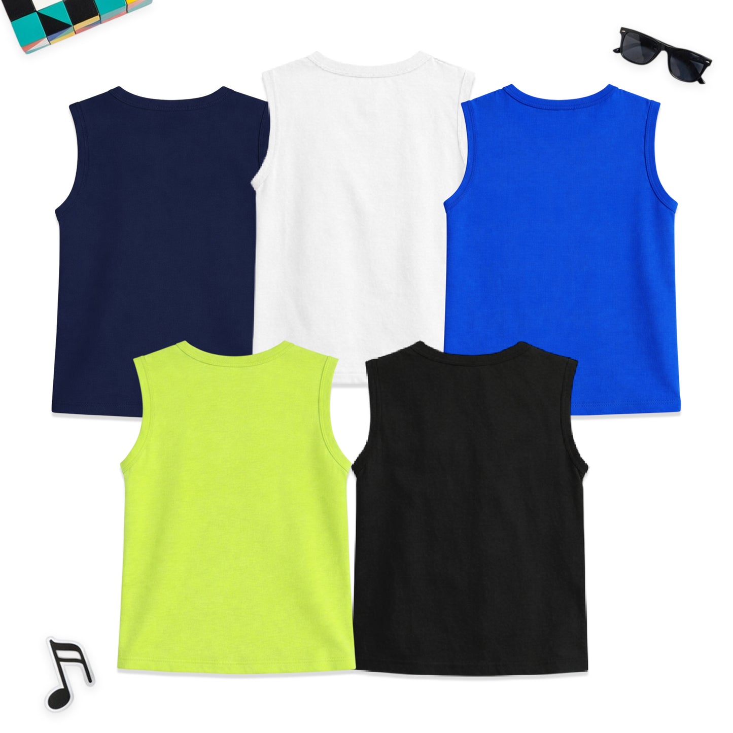 Kuchipoo Boys Sleeveless Cotton T-Shirt | Cute Graphic Print | Soft & Breathable Fabric | Round Neck Summer Top | Casual for Kids | Pack of 5