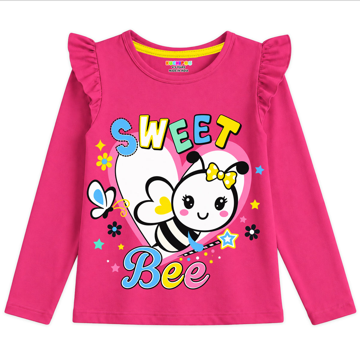Kuchipoo Girls Cotton Printed T-Shirts | Full Sleeves with Frill Shoulders | Soft & Comfortable Casual Wear for Kids | Pack of 4