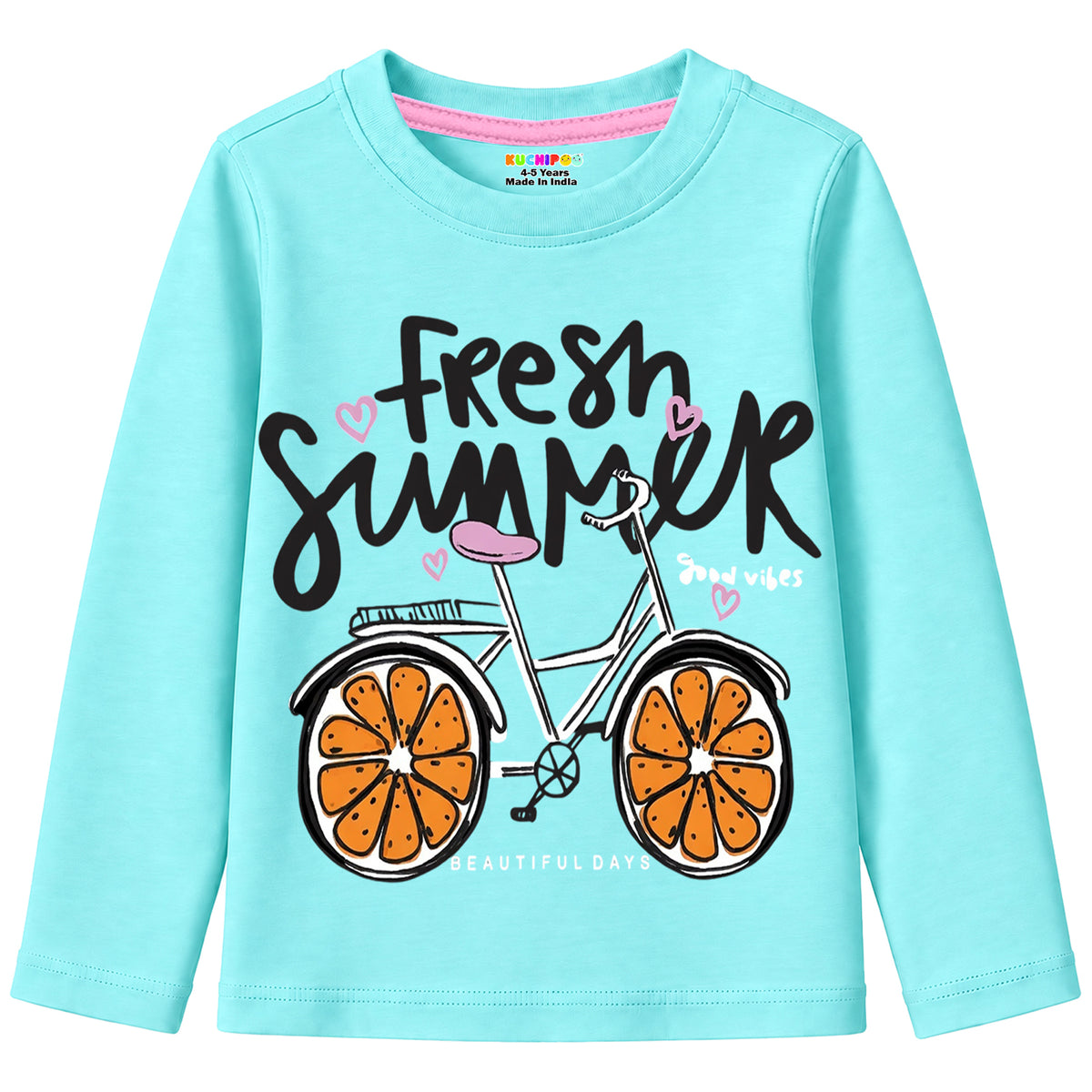 Kuchipoo Girls Cotton Printed T-Shirts | Full Sleeve Round Neck | Soft & Comfortable Casual Wear for Kids | Pack of 5