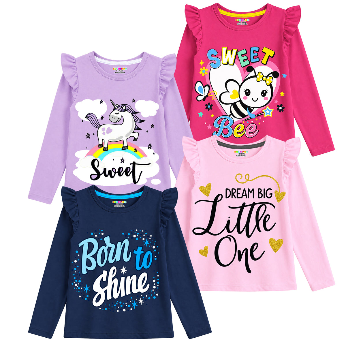 Kuchipoo Girls Cotton Printed T-Shirts | Full Sleeves with Frill Shoulders | Soft & Comfortable Casual Wear for Kids | Pack of 4