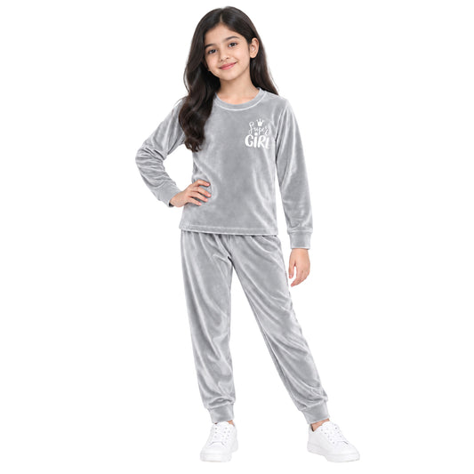 Kuchipoo Girls Velvet Sweatshirt & Jogger Set | Soft Velour Round Neck Full Sleeve Top & Pajama | Warm Winterwear