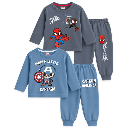 Kuchipoo © Marvel Boys Spiderman Printed Cotton T-Shirt & Pyjama Set | Full Sleeve Casual Wear | Pack of 2 Sets